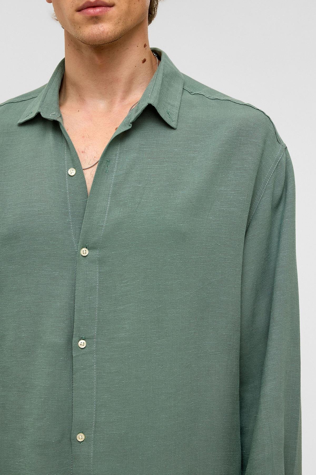 Oversize Uzun Kollu Keten Gömlek Haki