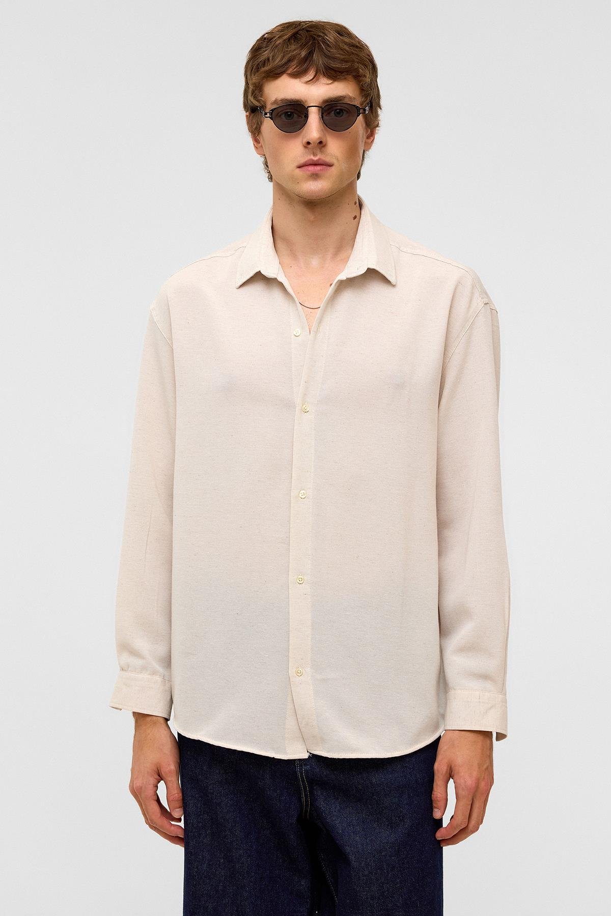 Oversize Uzun Kollu Keten Gömlek Naturel