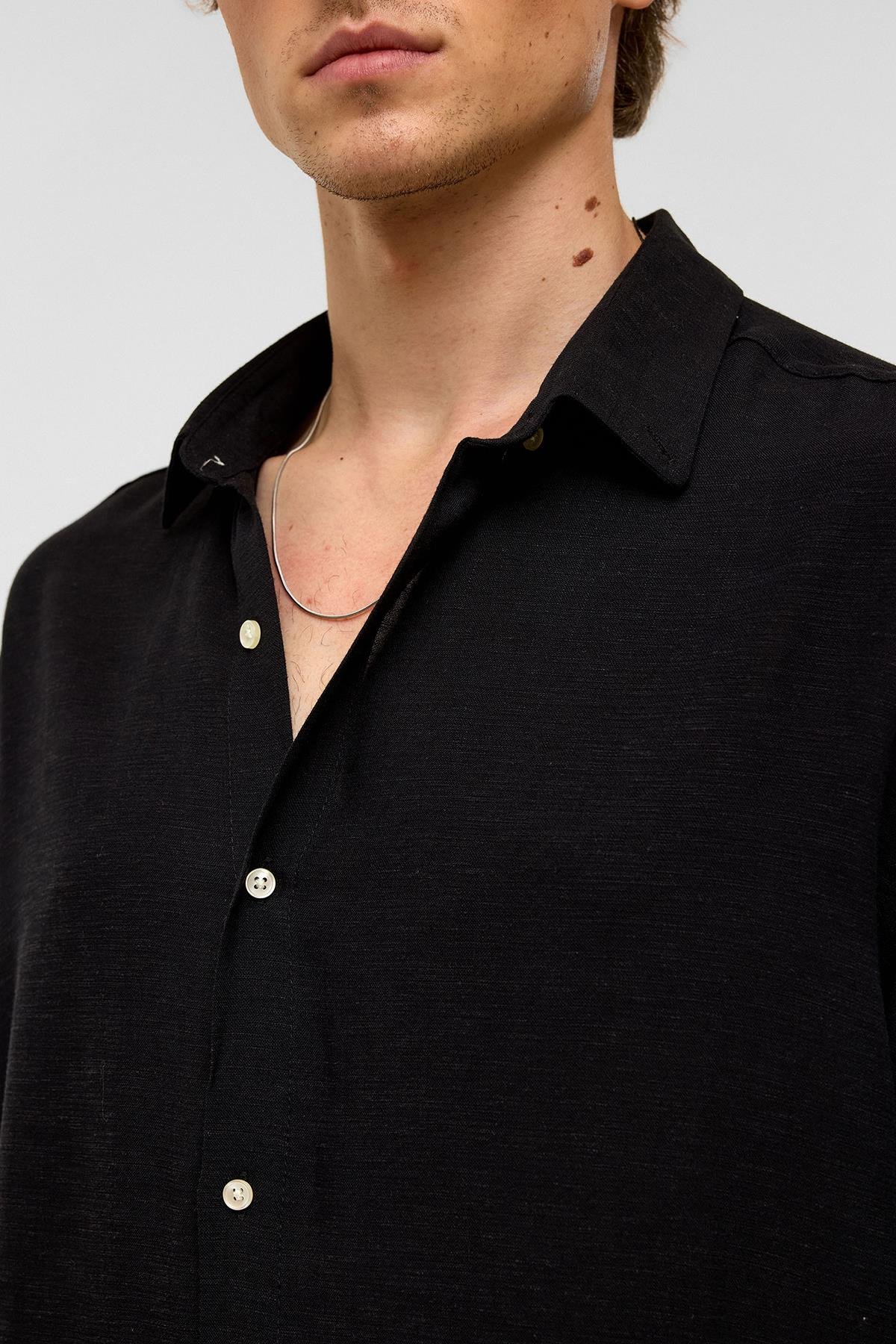 Oversize Uzun Kollu Keten Gömlek Siyah