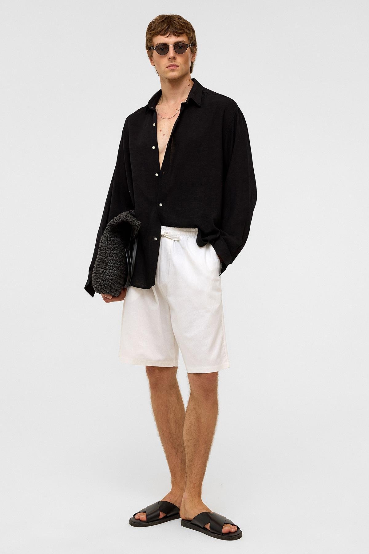 Oversize Uzun Kollu Keten Gömlek Siyah