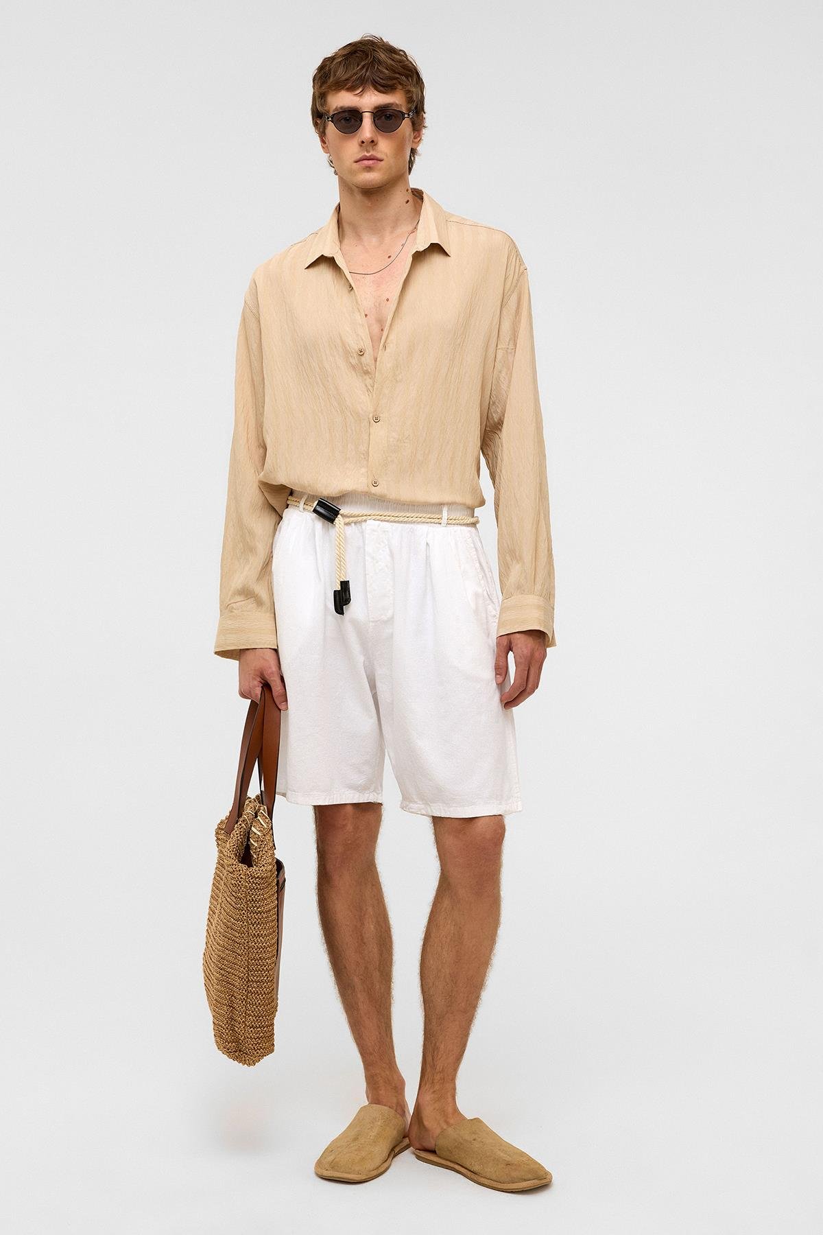 Oversize Uzun Kollu Modal Kumaş Gömlek Taş