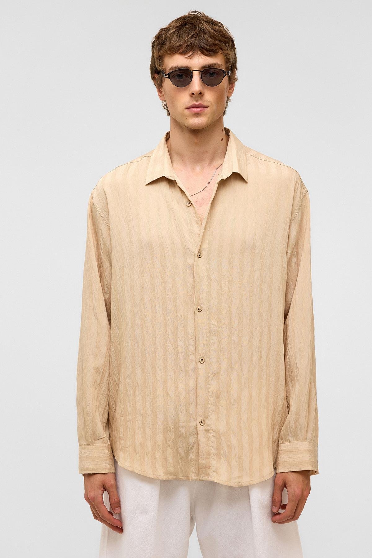 Oversize Uzun Kollu Modal Kumaş Gömlek Taş