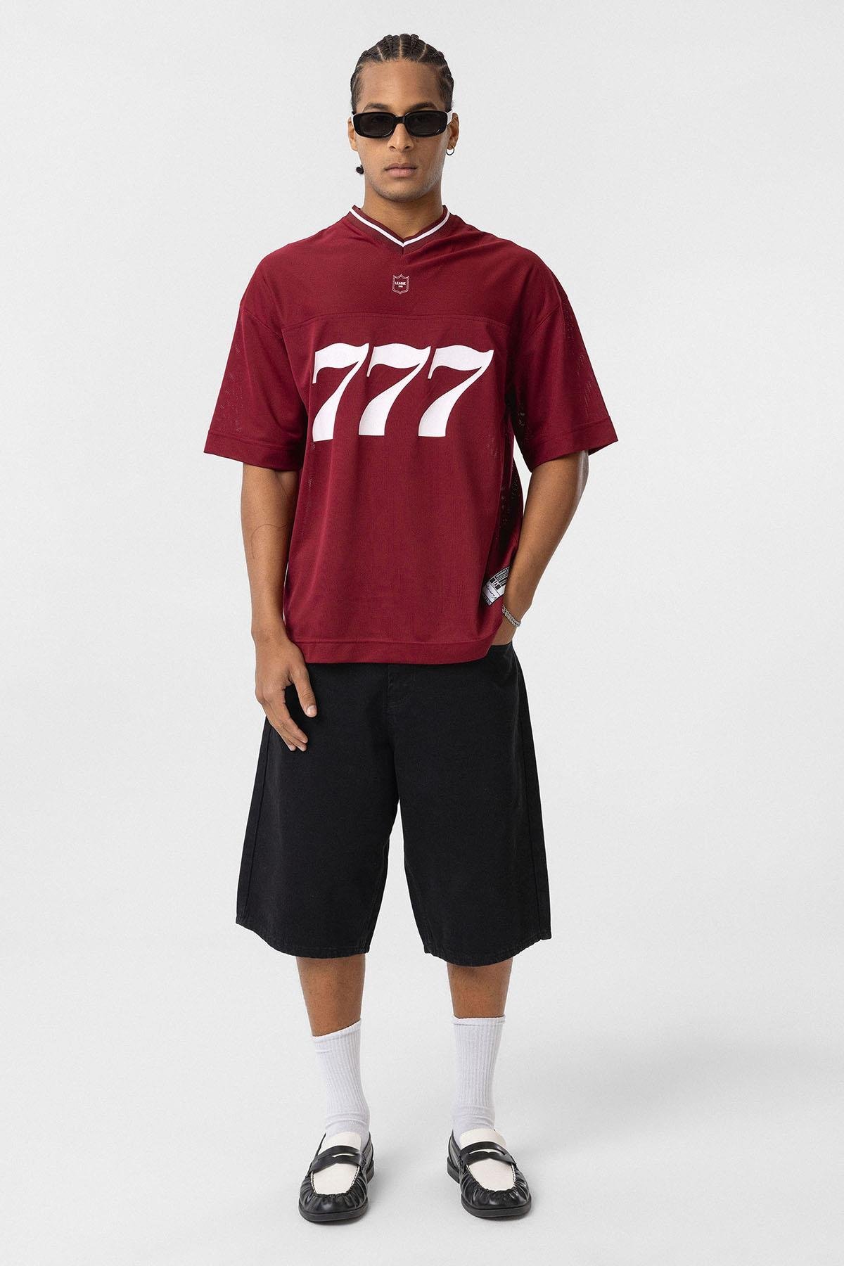 Oversize V Yaka Forma Tişört Bordo