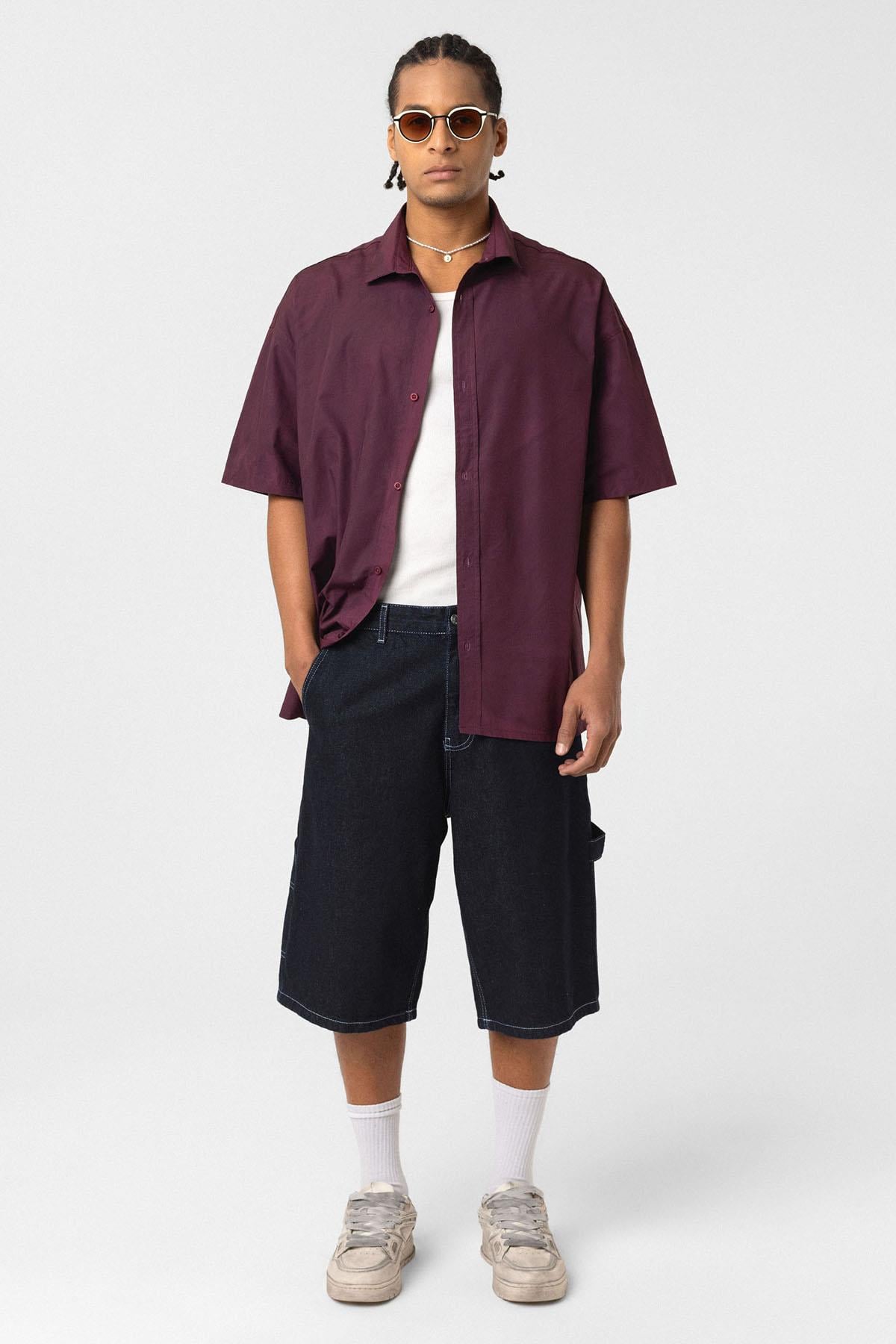Oversize Yıkamalı Poplin Gömlek Bordo