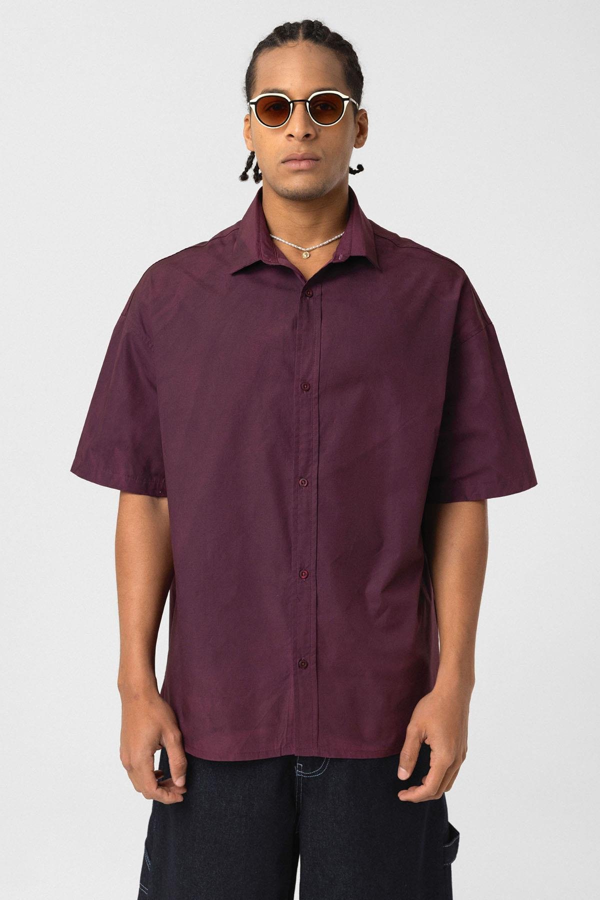 Oversize Yıkamalı Poplin Gömlek Bordo