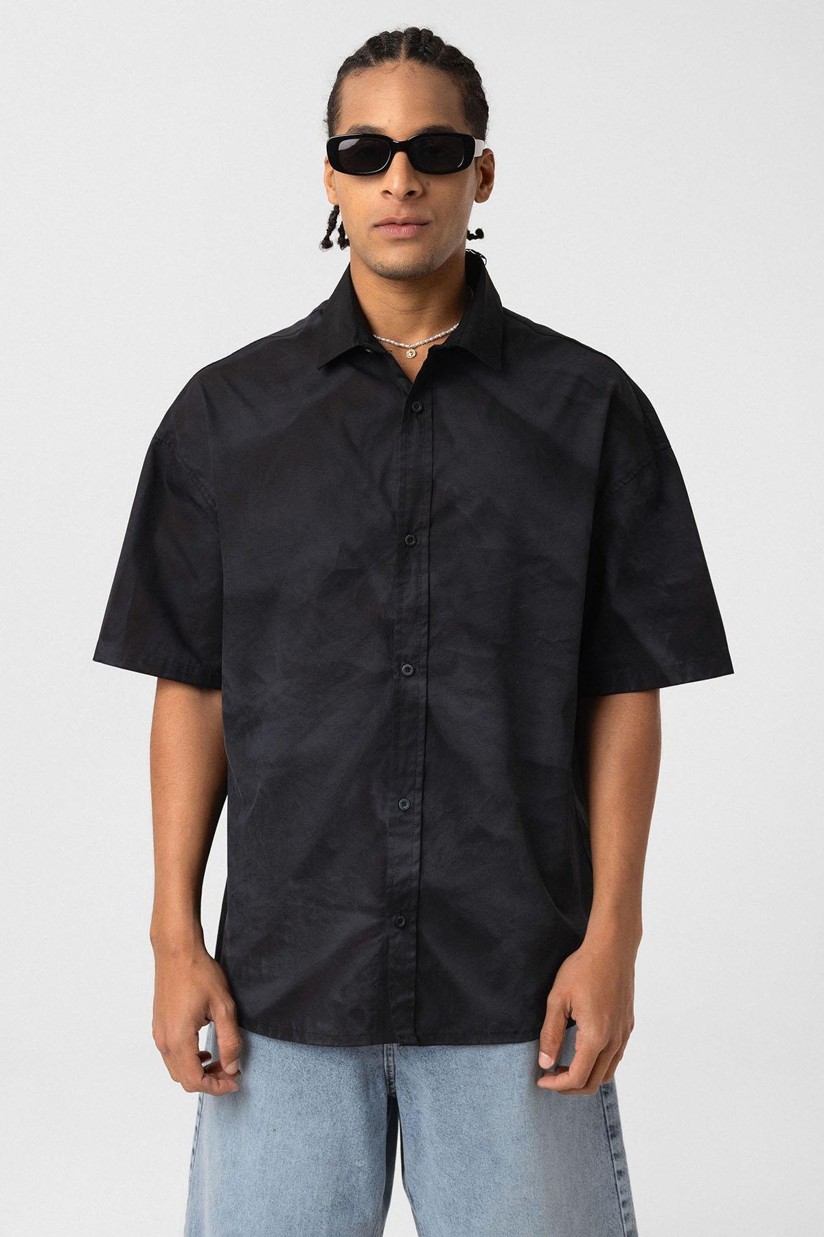 Oversize Yıkamalı Poplin Gömlek Siyah