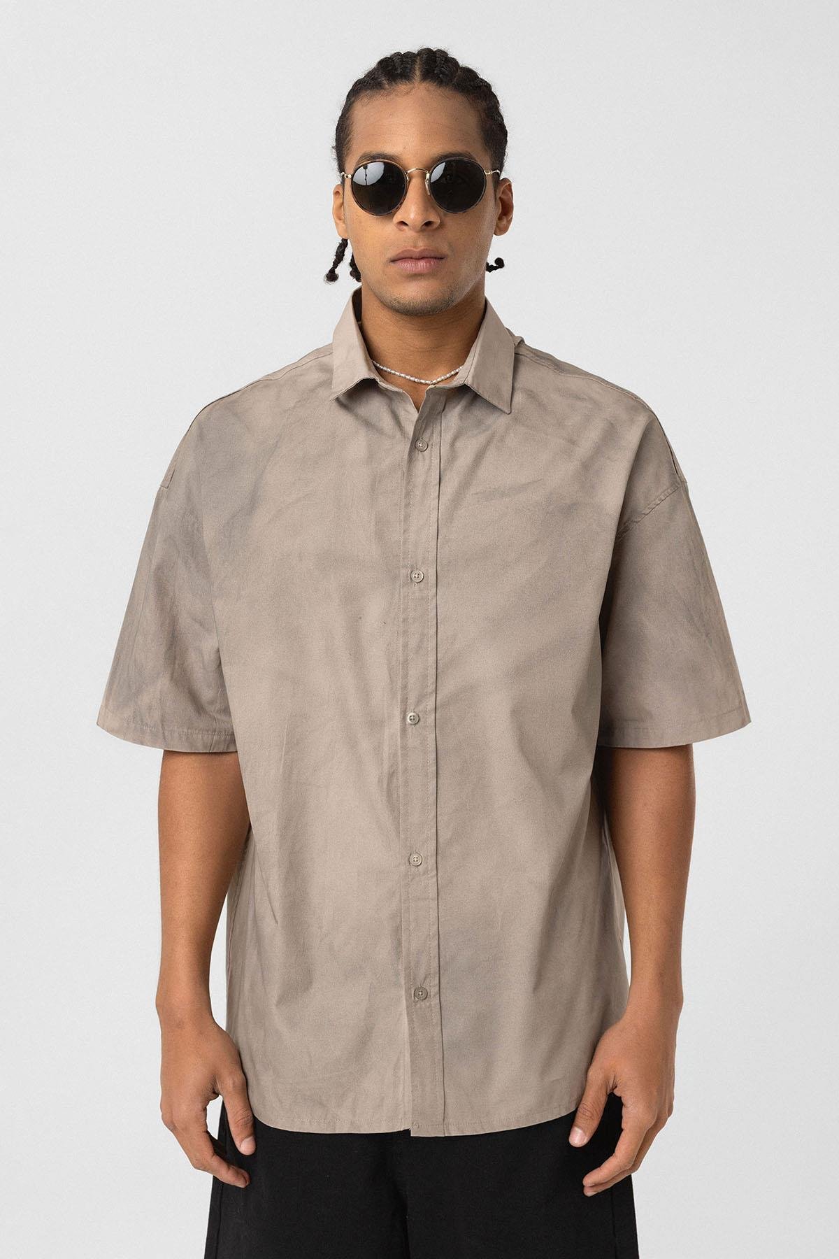 Oversize Yıkamalı Poplin Gömlek Taş