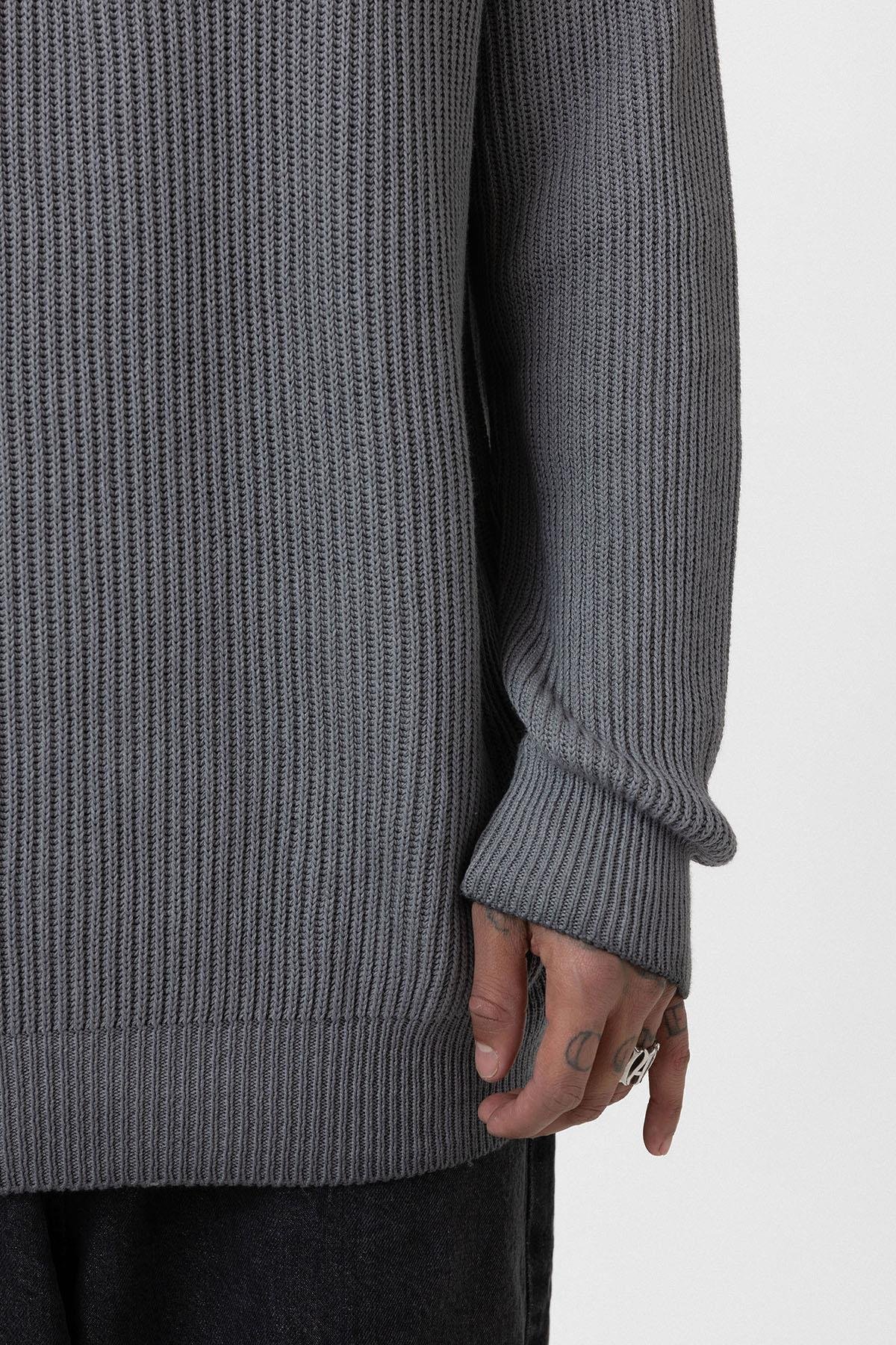 Oversize Yıkamalı Triko Kazak Gri