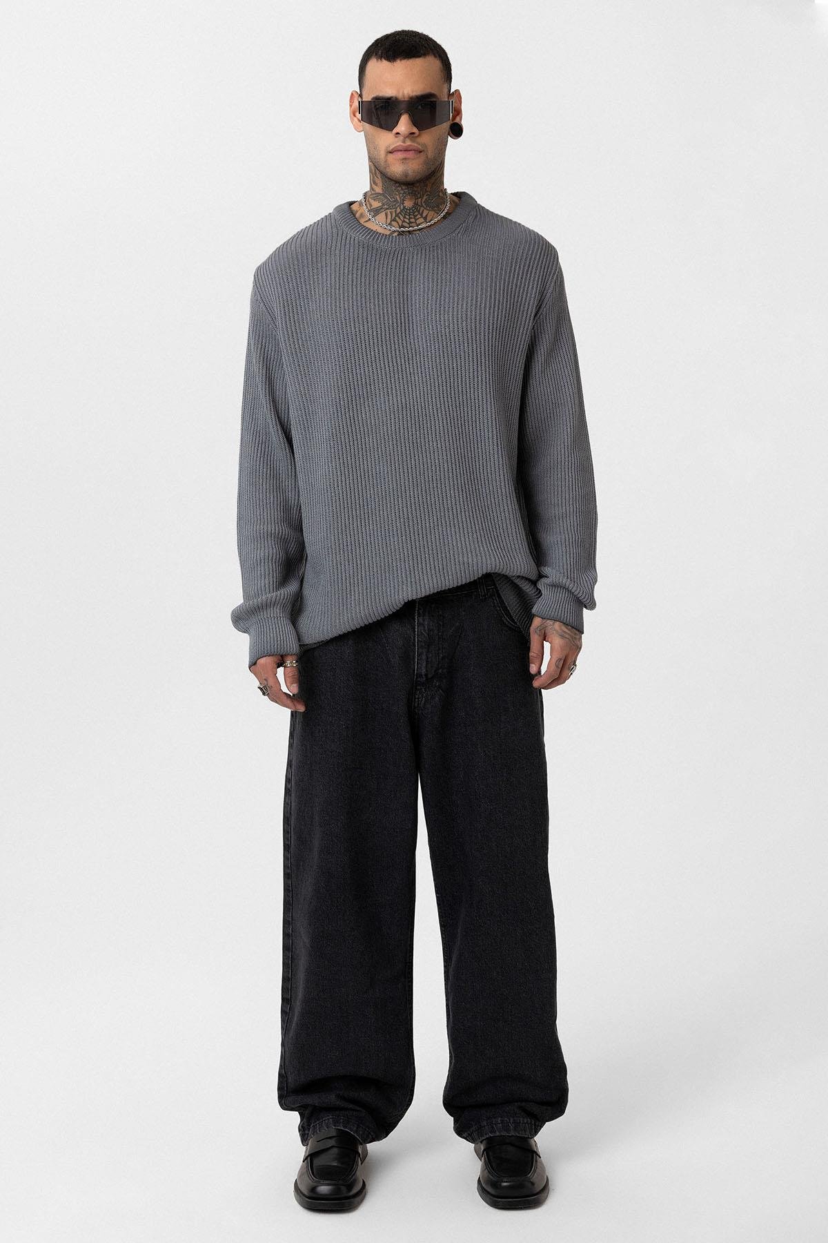 Oversize Yıkamalı Triko Kazak Gri