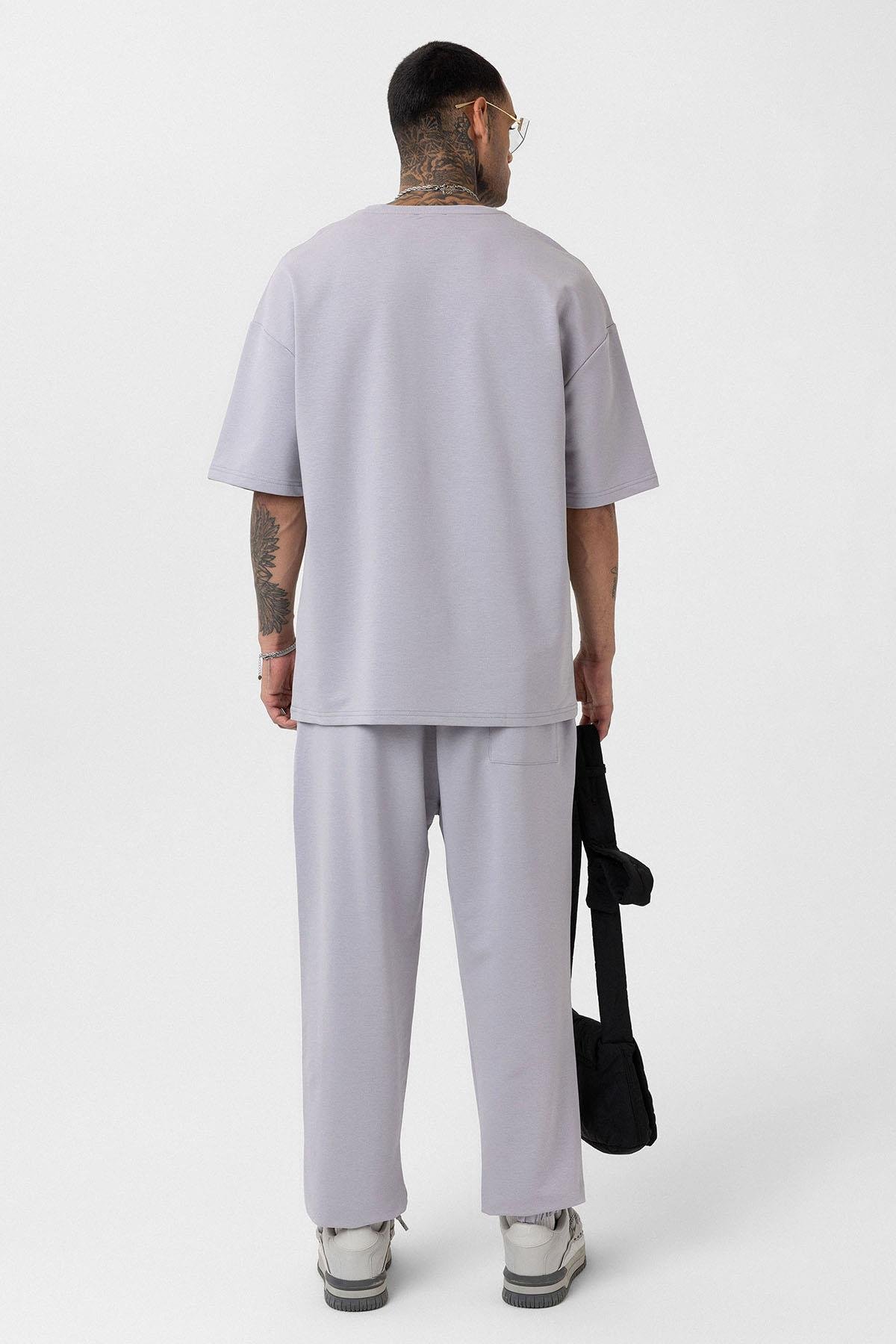 Paça Lastikli Basic Oversize Eşofman Takımı Boyama Gri