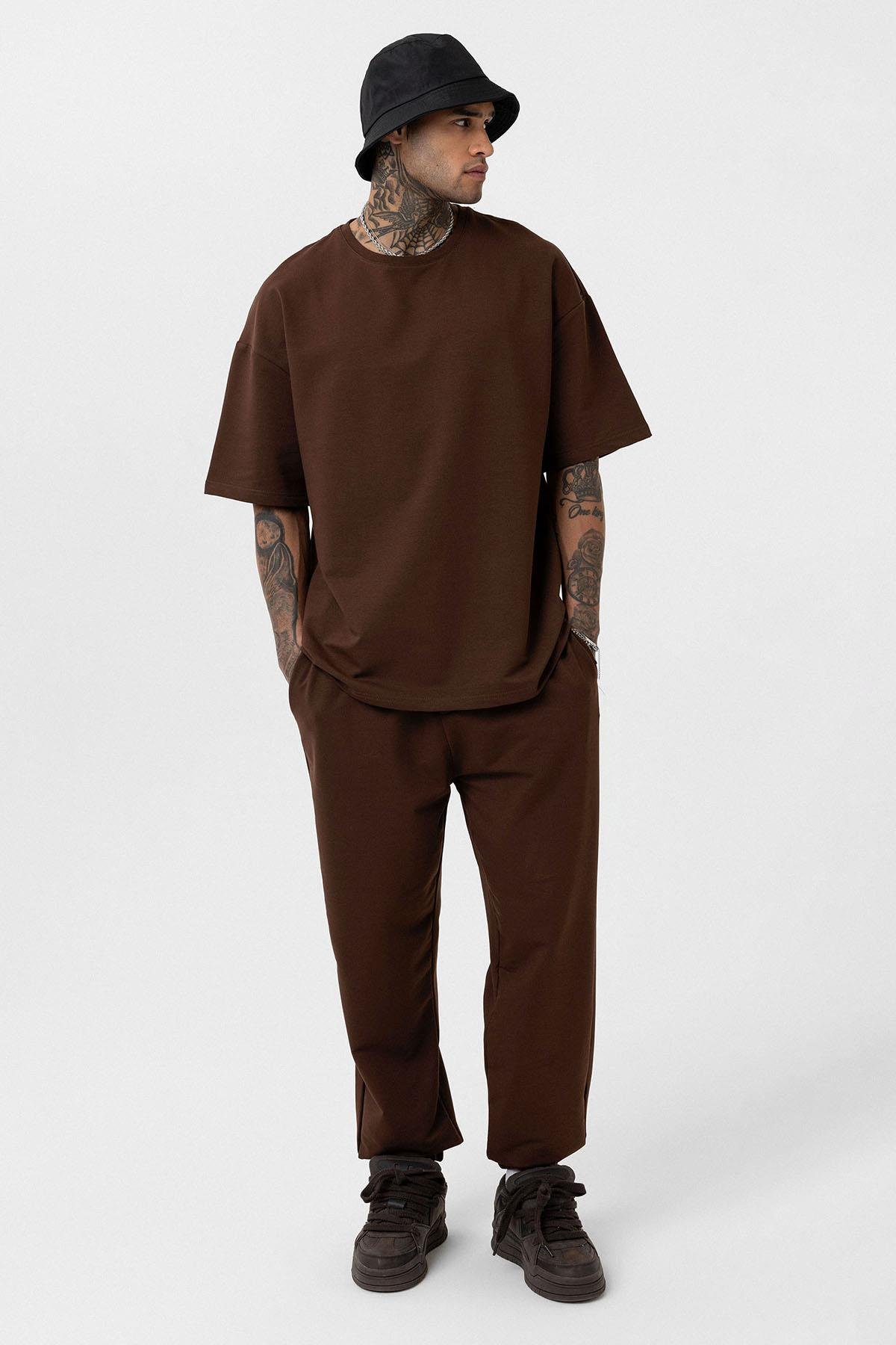Paça Lastikli Basic Oversize Eşofman Takımı Kahve