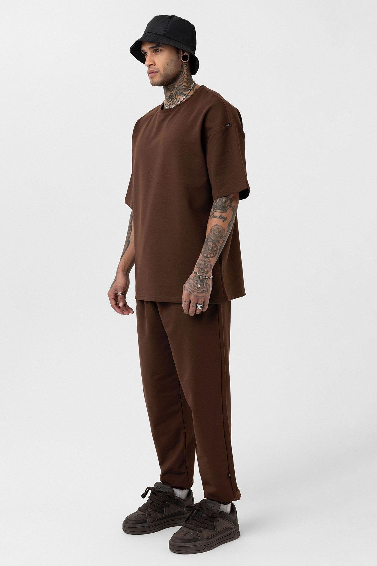 Paça Lastikli Basic Oversize Eşofman Takımı Kahve