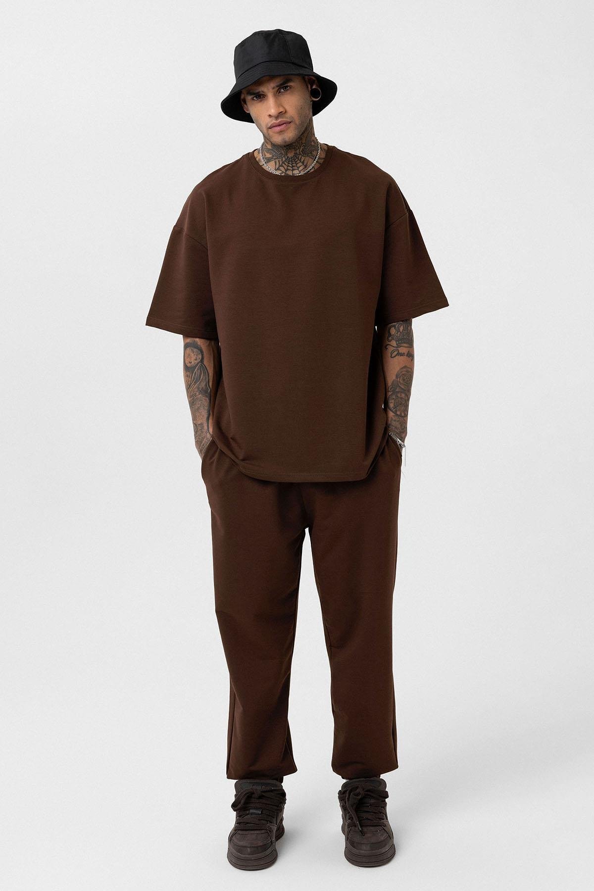 Paça Lastikli Basic Oversize Eşofman Takımı Kahve