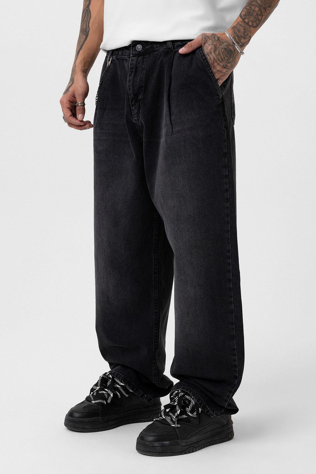 Pileli Zİncir Detaylı Baggy Jean Antrasit