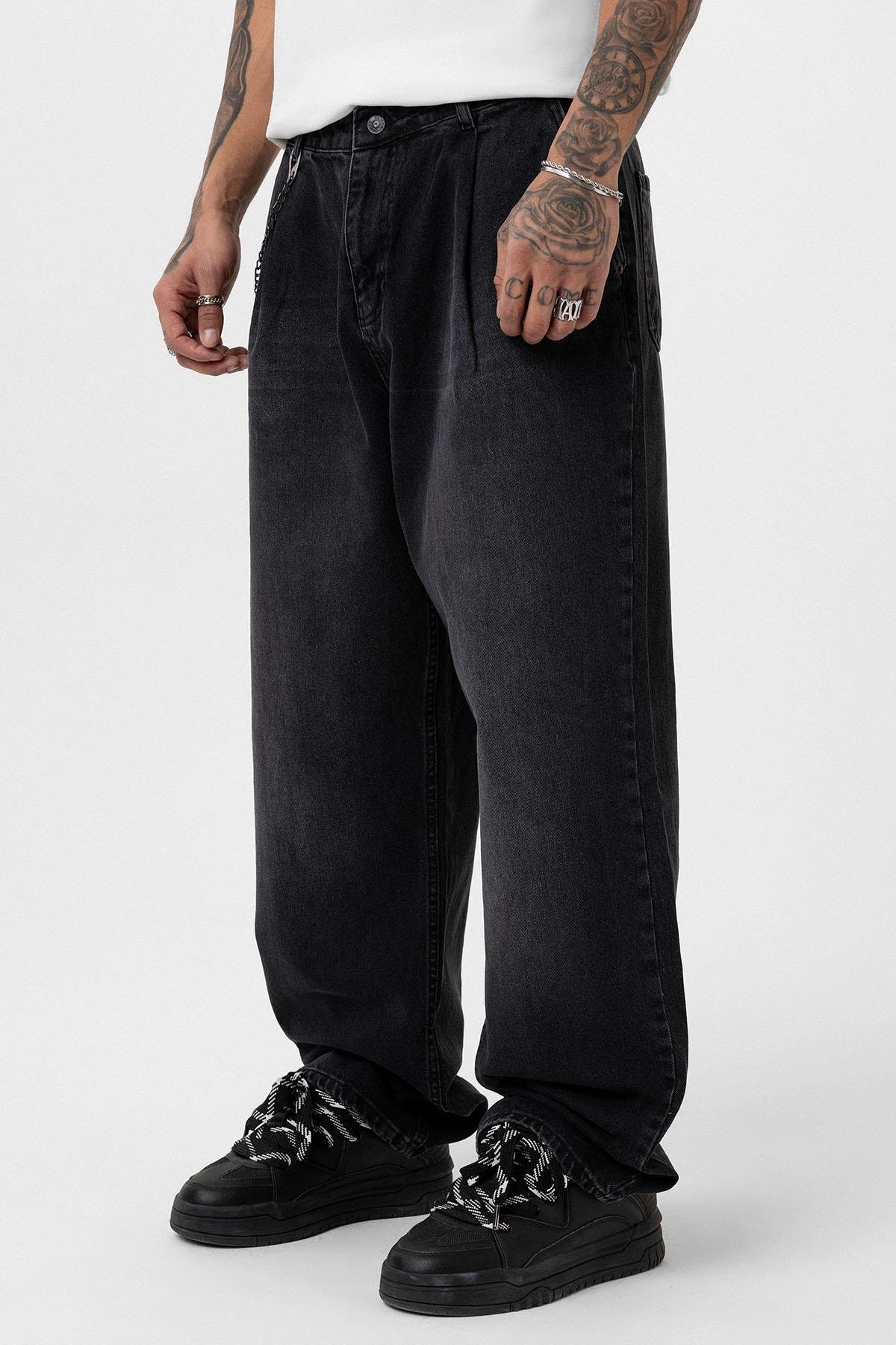 Pileli Zİncir Detaylı Baggy Jean Antrasit