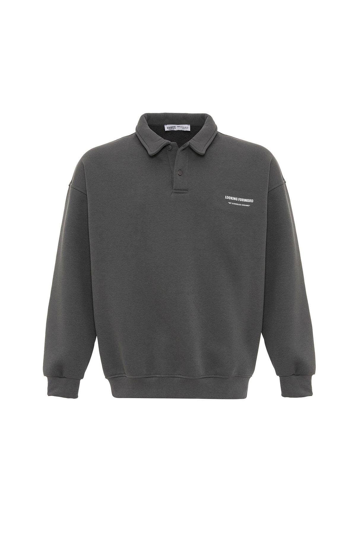 Polo Yaka Baskılı Oversize Sweatshirt Füme