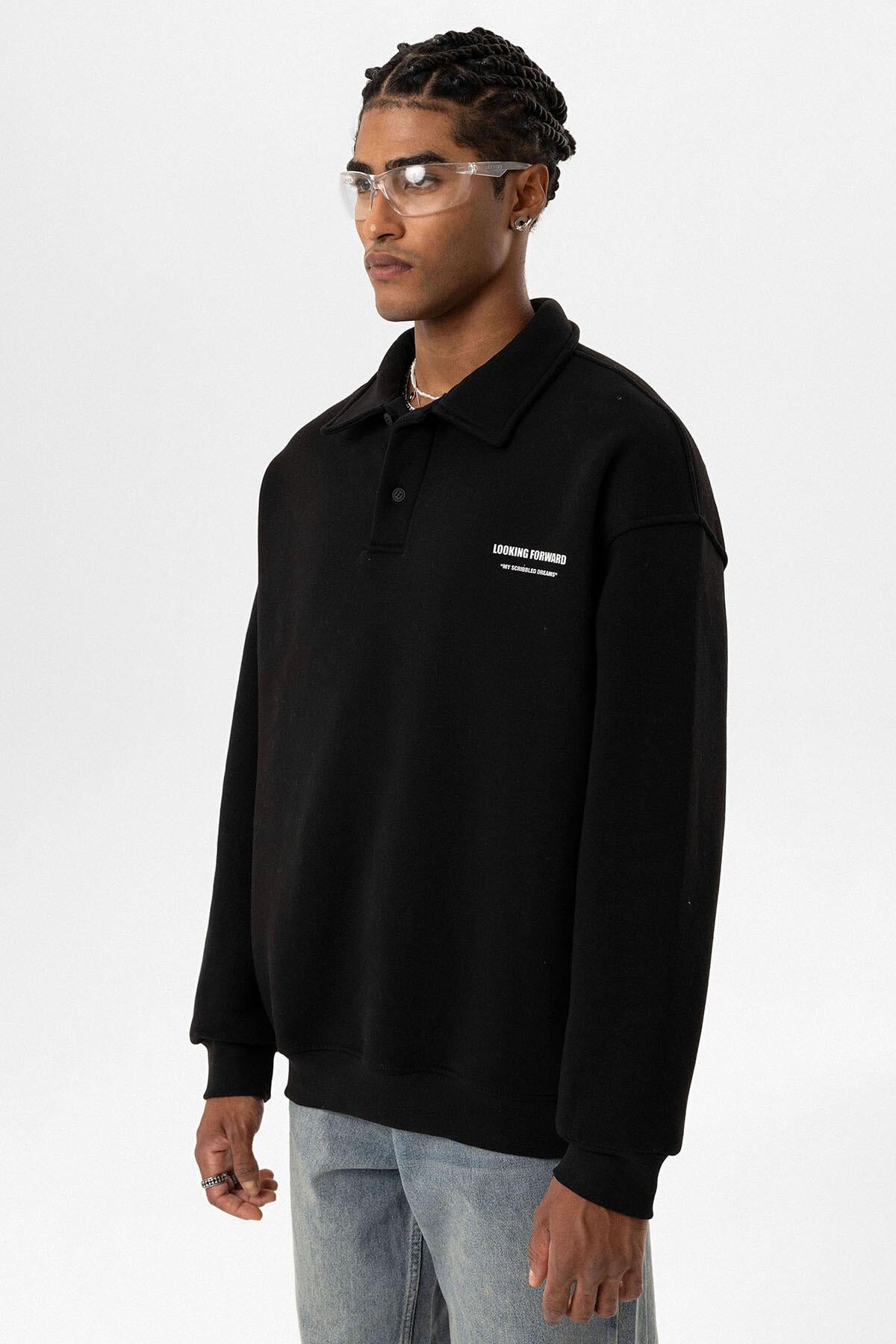 Polo Yaka Baskılı Oversize Sweatshirt Siyah