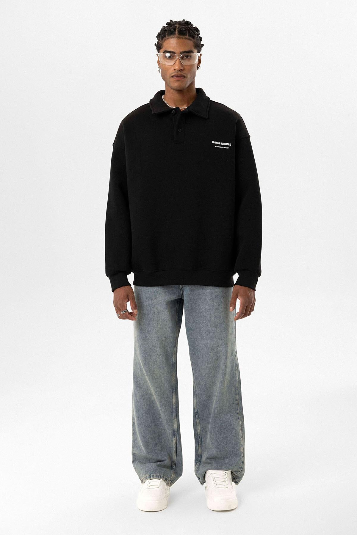 Polo Yaka Baskılı Oversize Sweatshirt Siyah