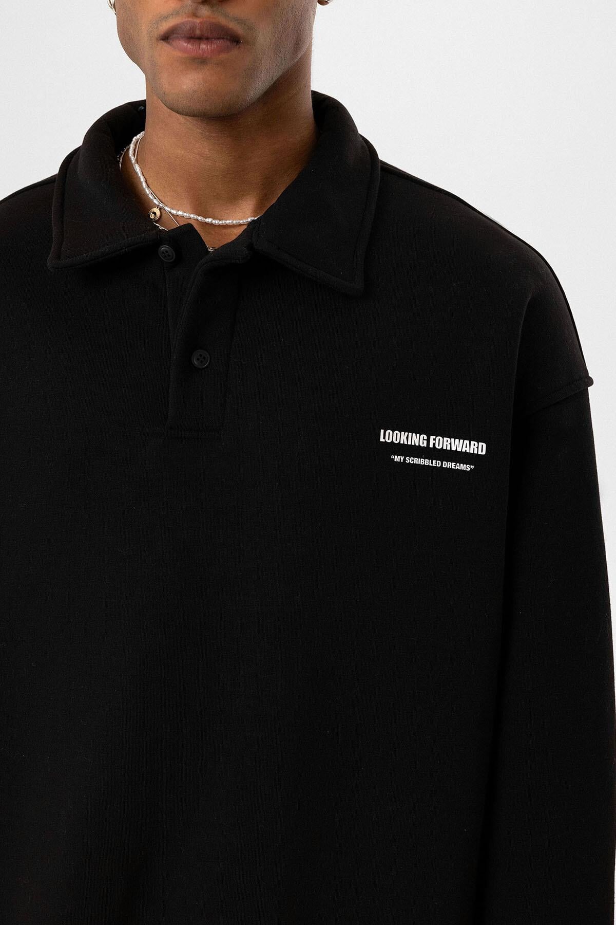 Polo Yaka Baskılı Oversize Sweatshirt Siyah