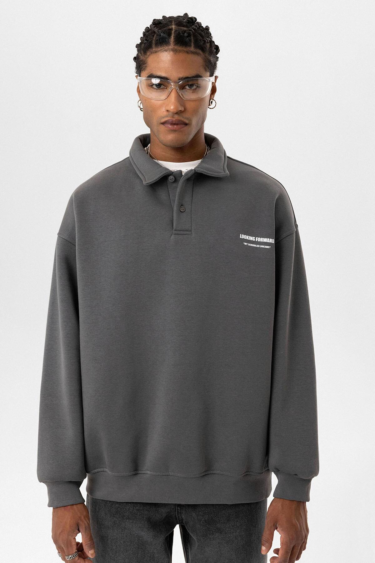 Polo Yaka Baskılı Oversize Sweatshirt Füme
