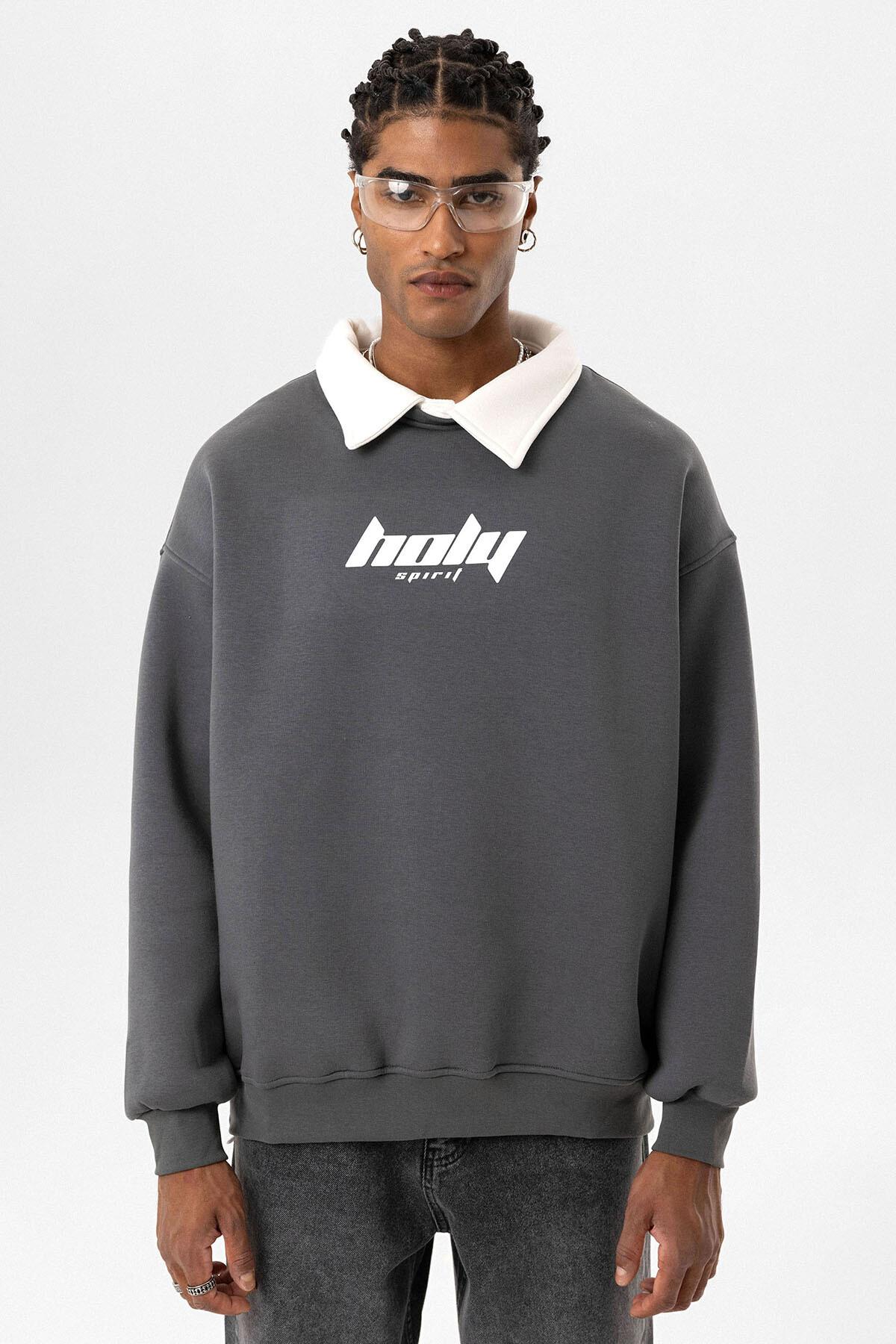 Polo Yaka Oversize Baskılı Sweatshirt Füme