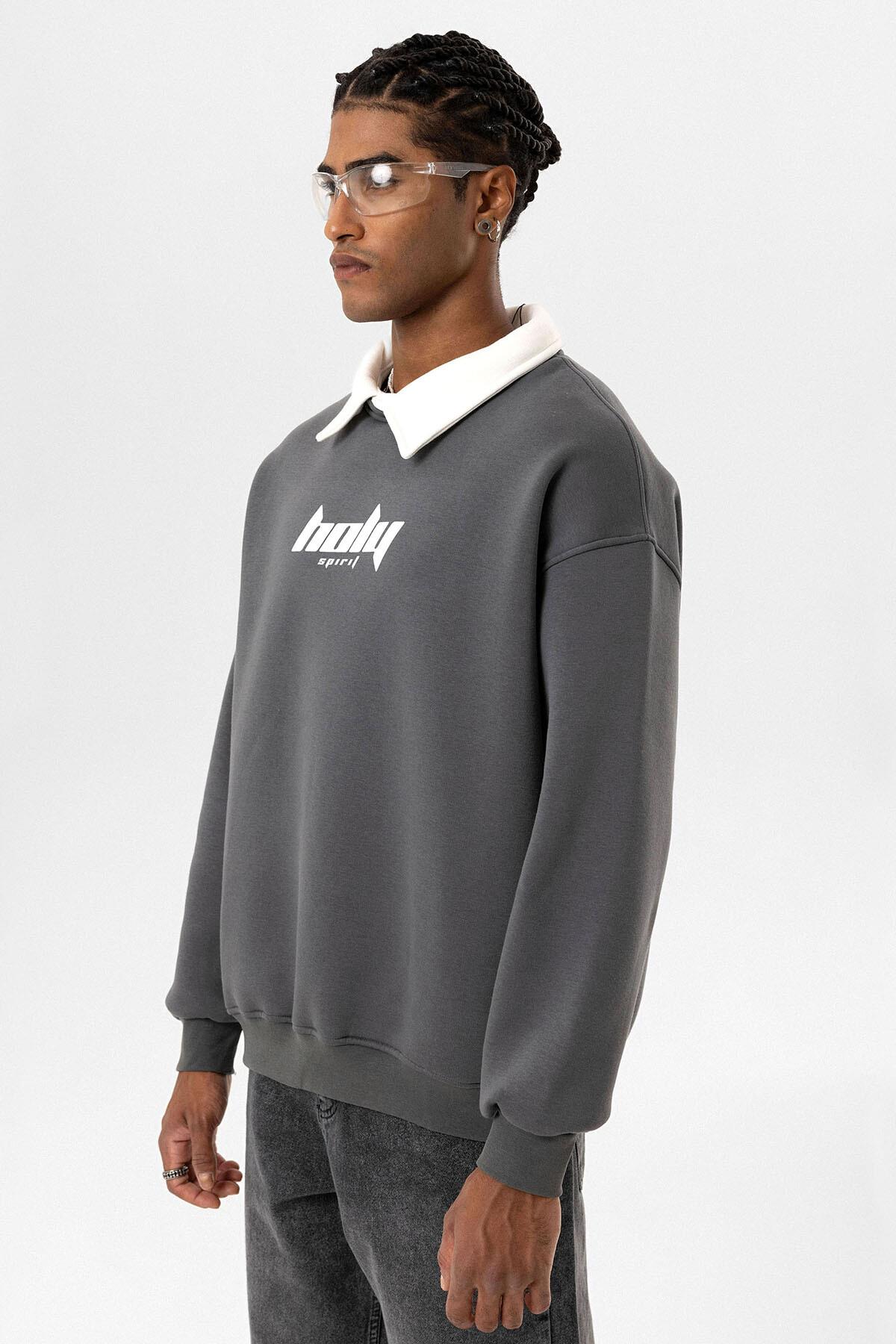 Polo Yaka Oversize Baskılı Sweatshirt Füme