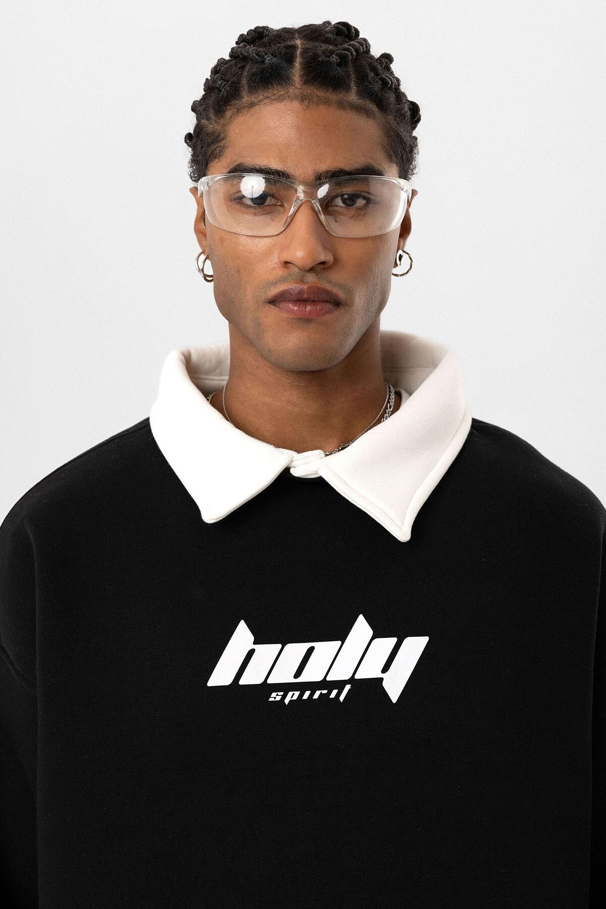 Polo Yaka Oversize Baskılı Sweatshirt Siyah