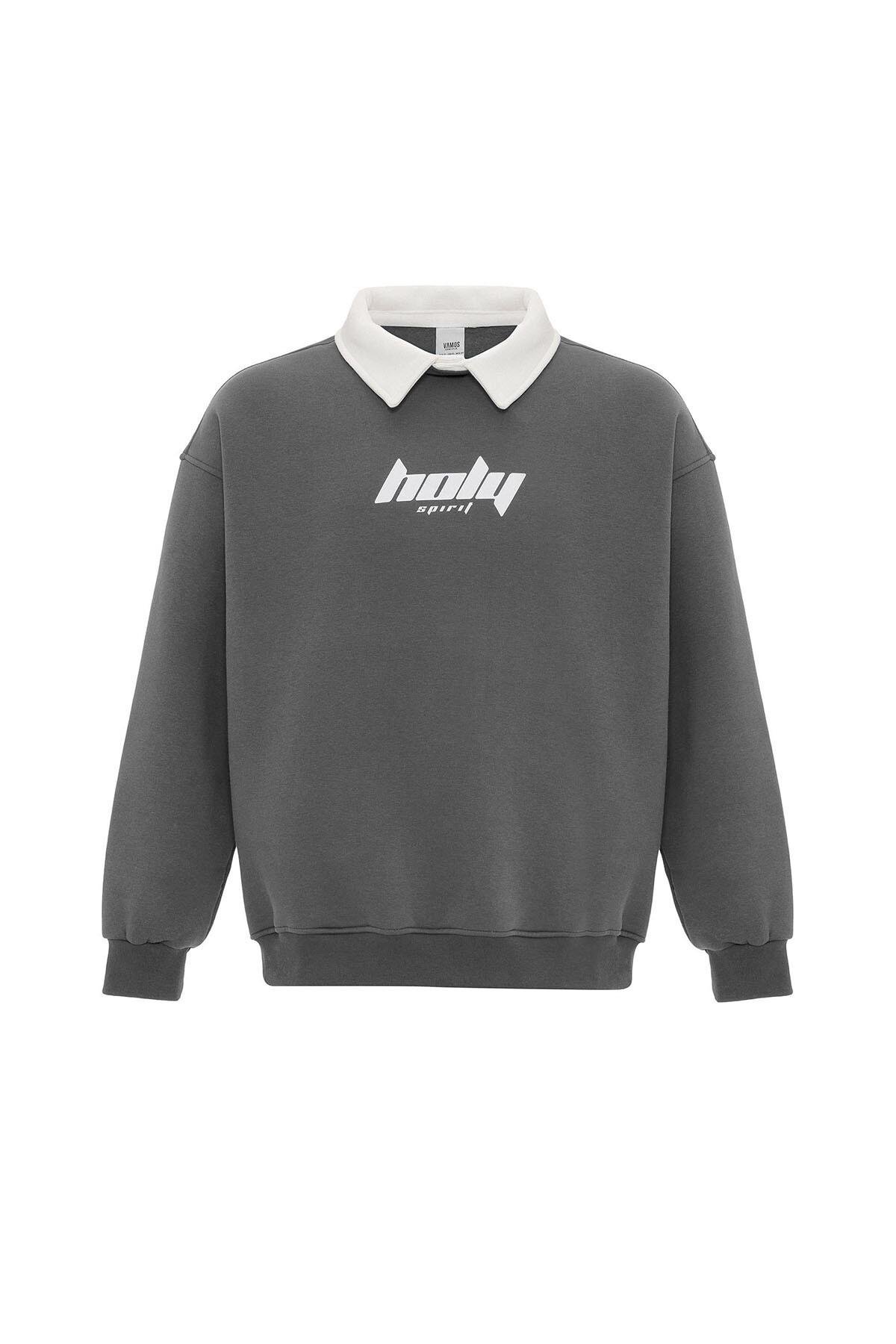Polo Yaka Oversize Baskılı Sweatshirt Füme