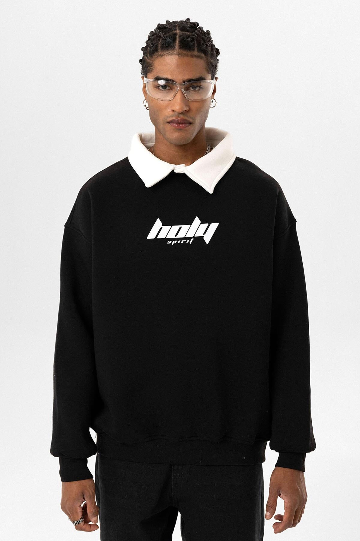 Polo Yaka Oversize Baskılı Sweatshirt Siyah