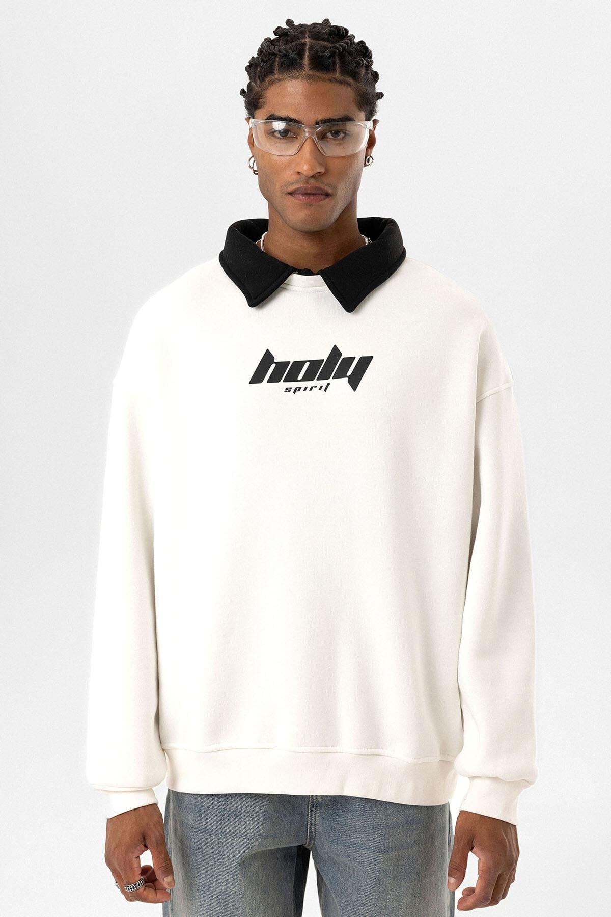 Polo Yaka Oversize Baskılı Sweatshirt Ekru