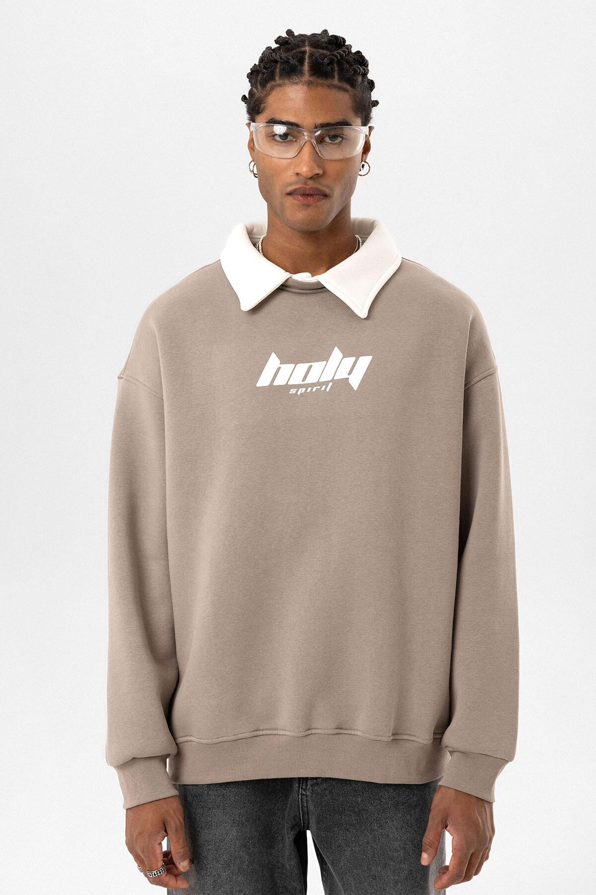 Polo Yaka Oversize Baskılı Sweatshirt Vizon