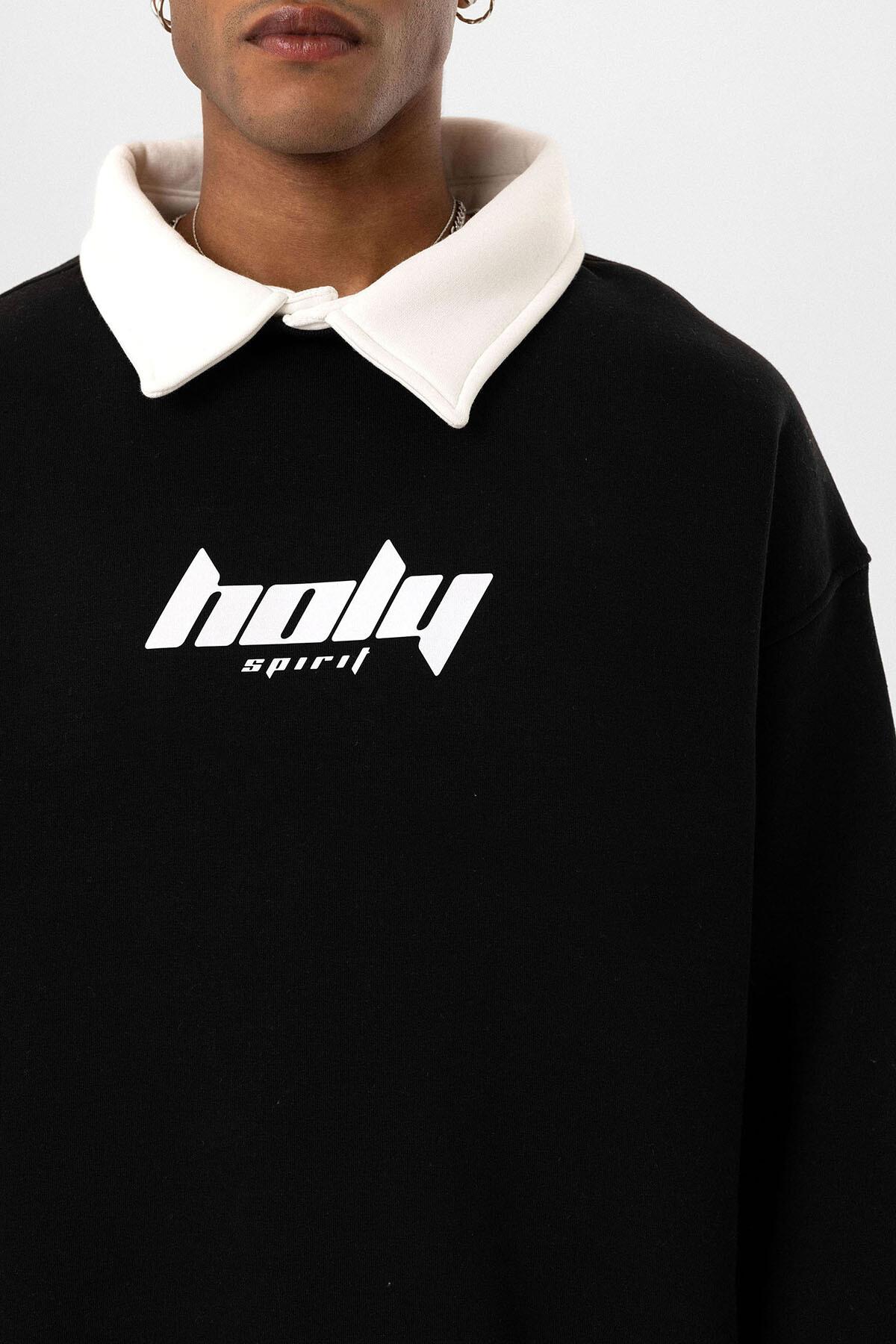 Polo Yaka Oversize Baskılı Sweatshirt Siyah