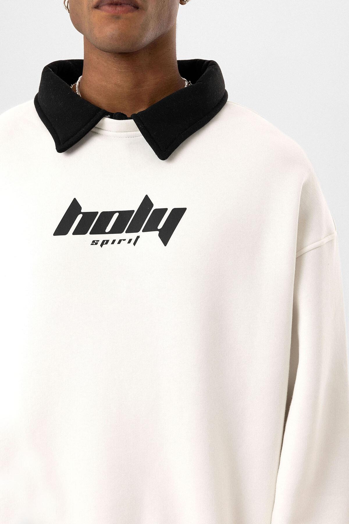 Polo Yaka Oversize Baskılı Sweatshirt Ekru