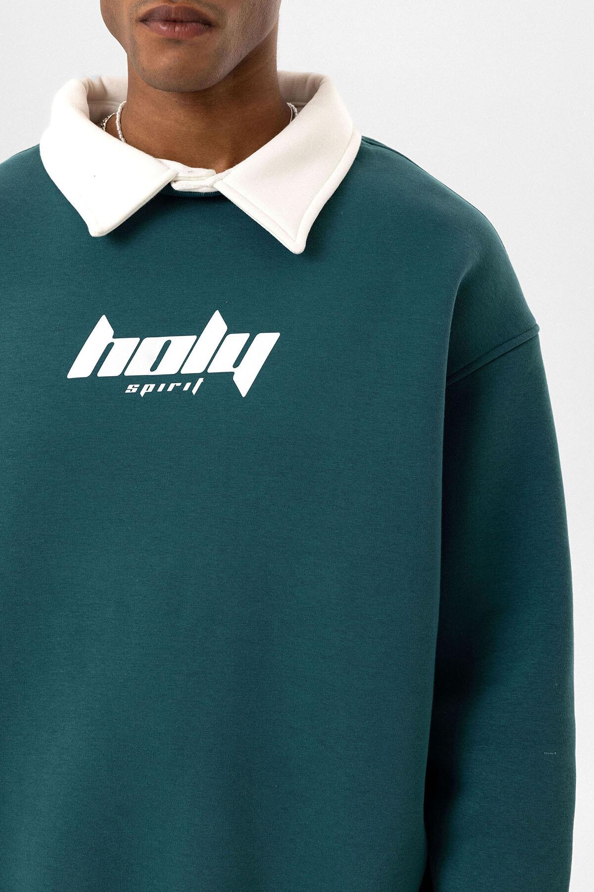 Polo Yaka Oversize Baskılı Sweatshirt Petrol