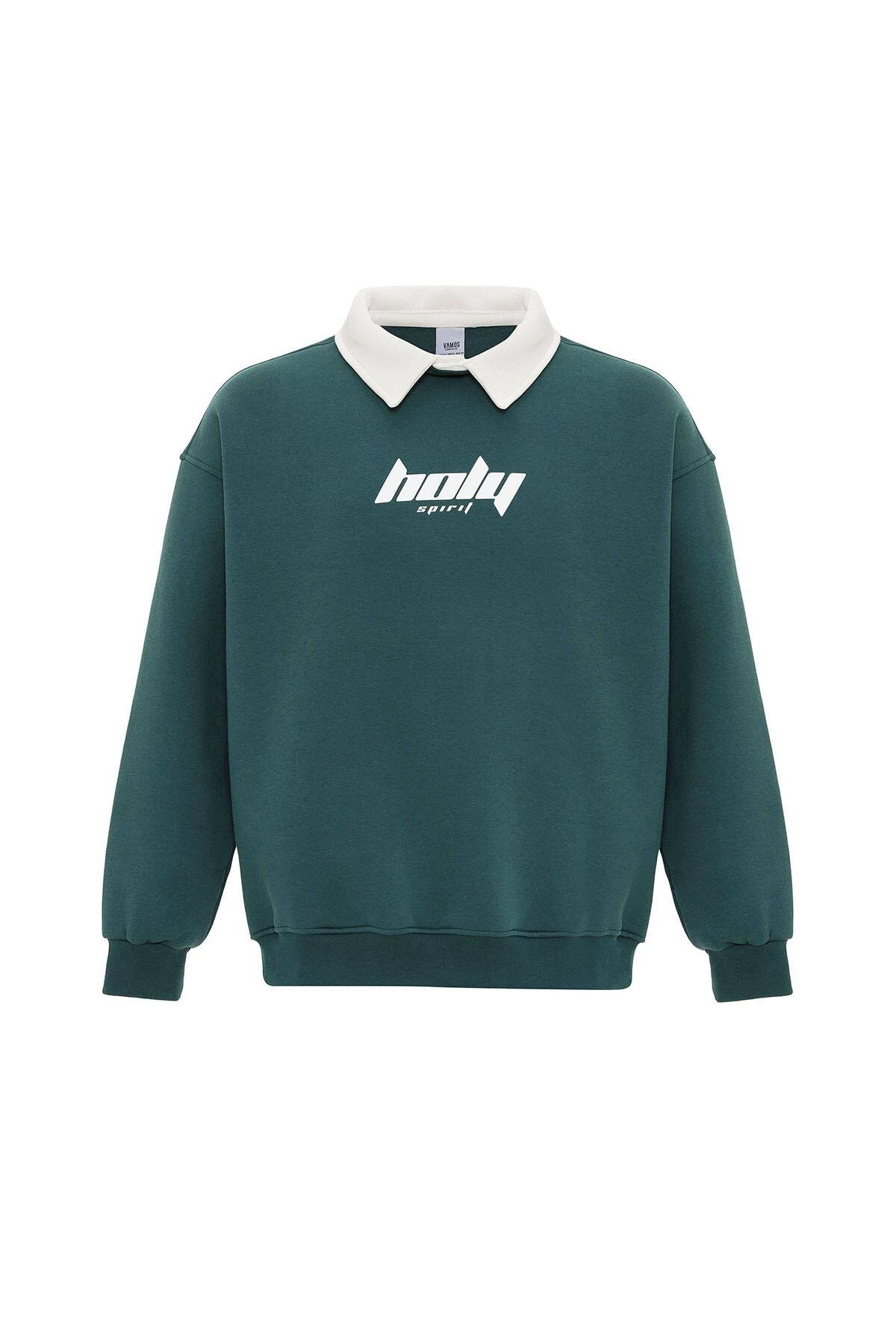 Polo Yaka Oversize Baskılı Sweatshirt Petrol