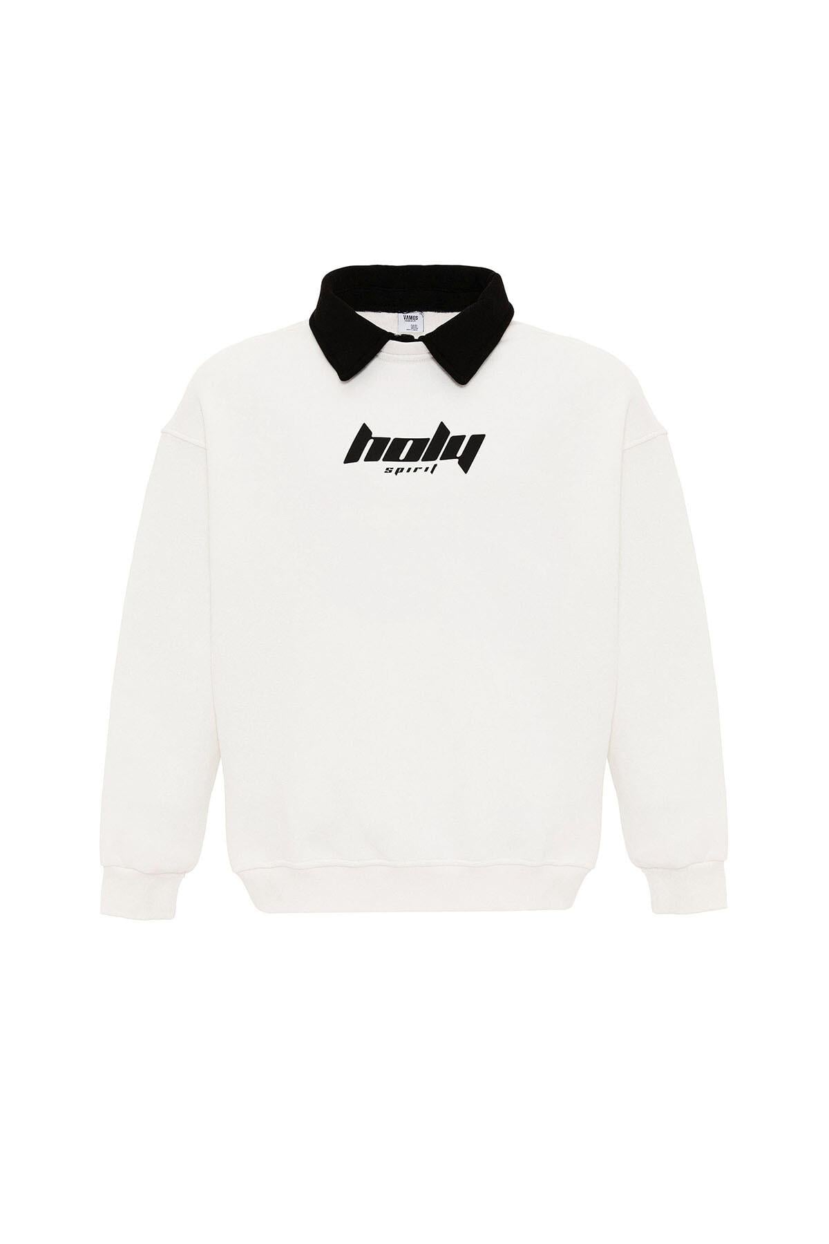 Polo Yaka Oversize Baskılı Sweatshirt Ekru