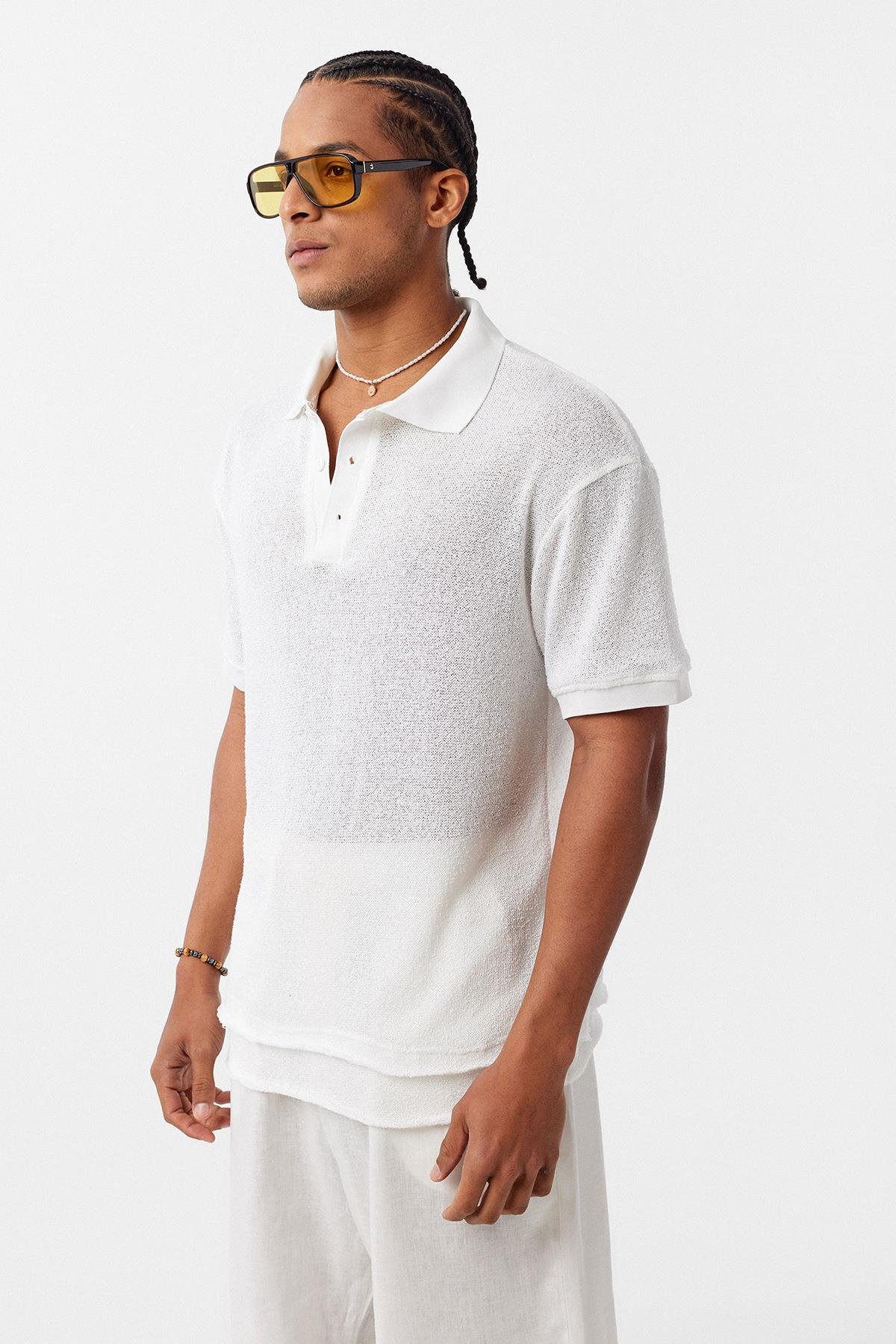 Polo Yaka Oversize Tişört Ekru