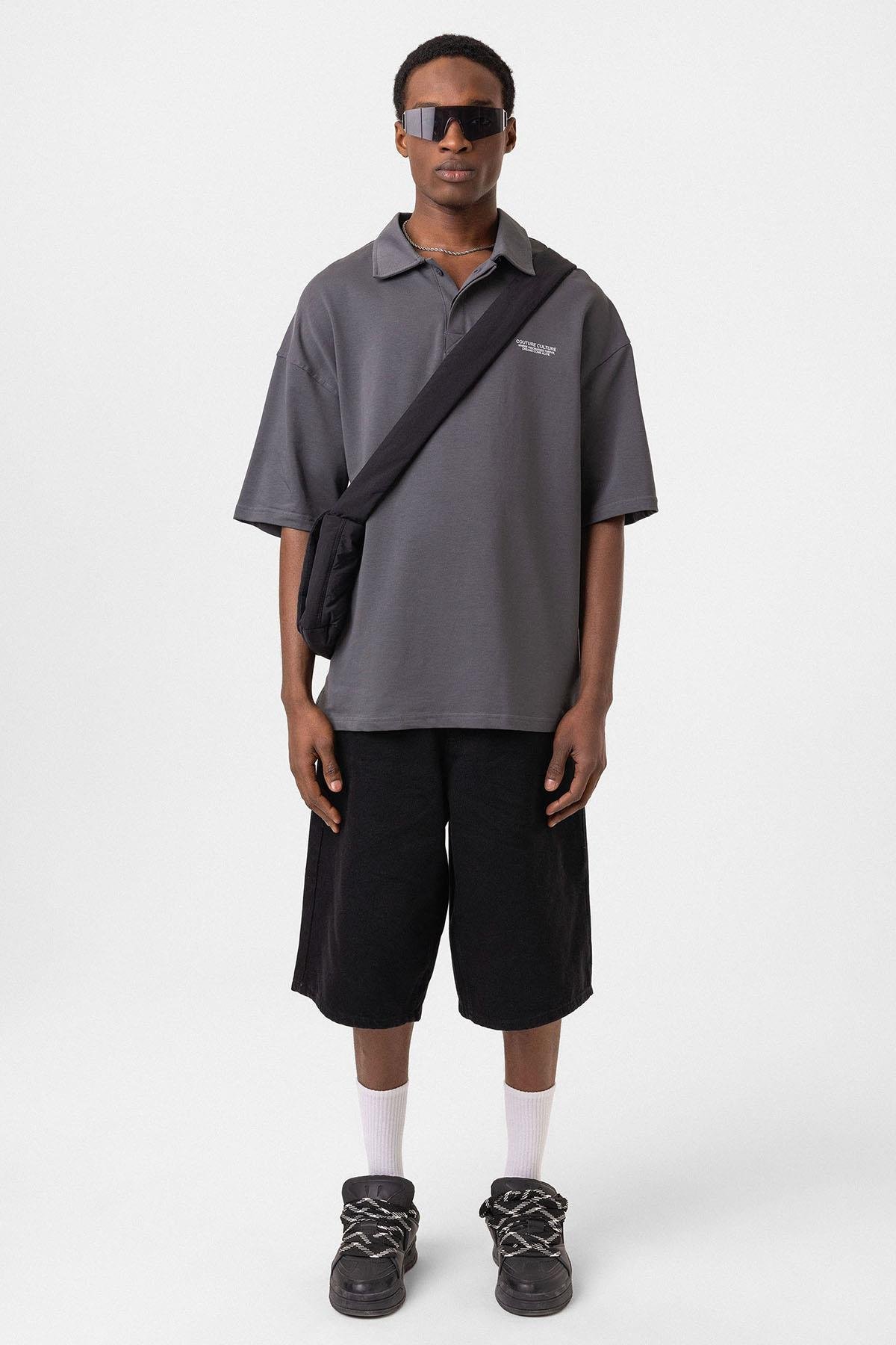 Polo Yaka Oversize Tişört Füme