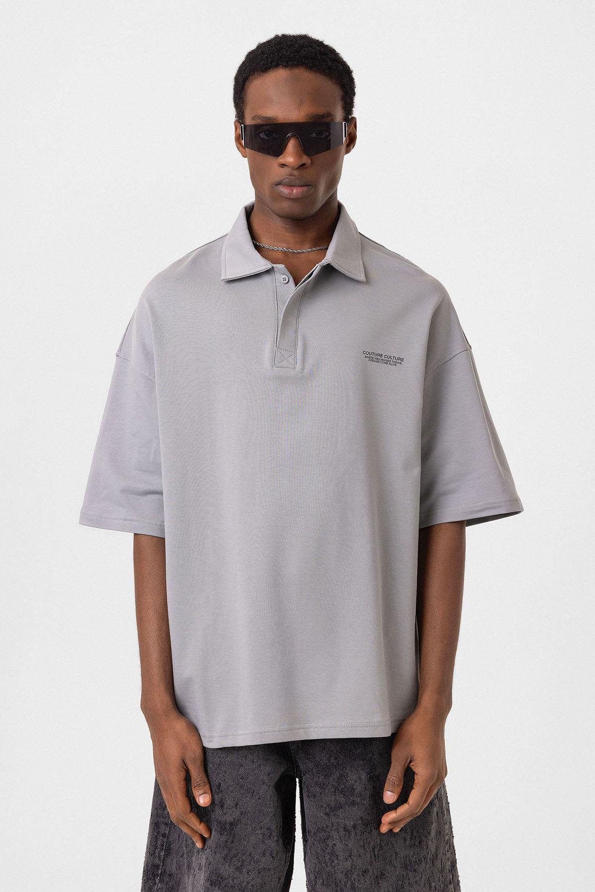 Polo Yaka Oversize Tişört Gri