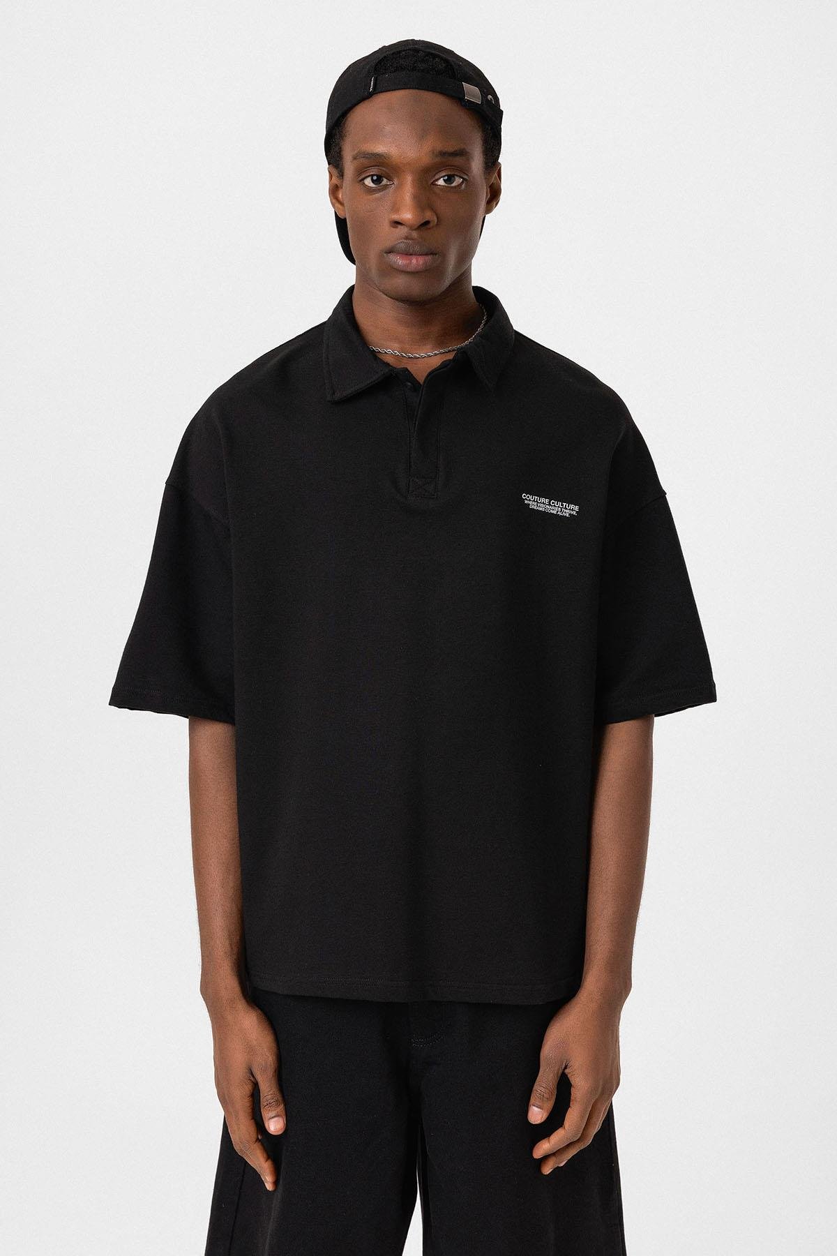 Polo Yaka Oversize Tişört Siyah