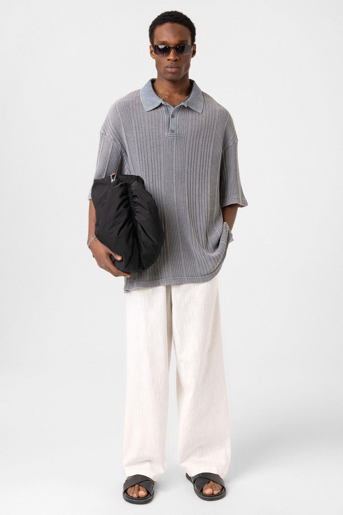 Polo Yaka Oversize Triko Gri