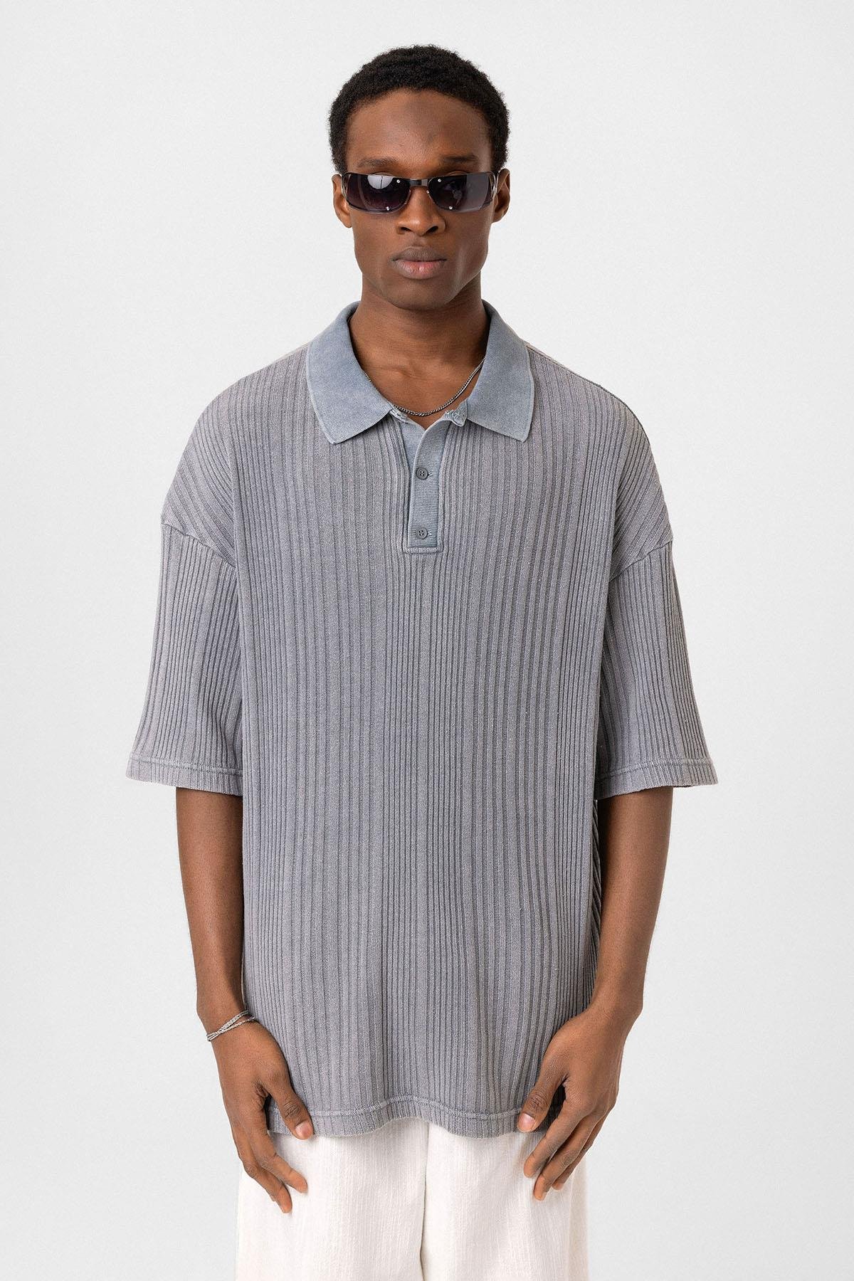 Polo Yaka Oversize Triko Gri
