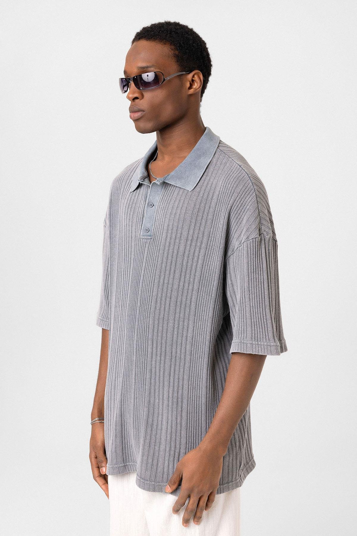 Polo Yaka Oversize Triko Gri