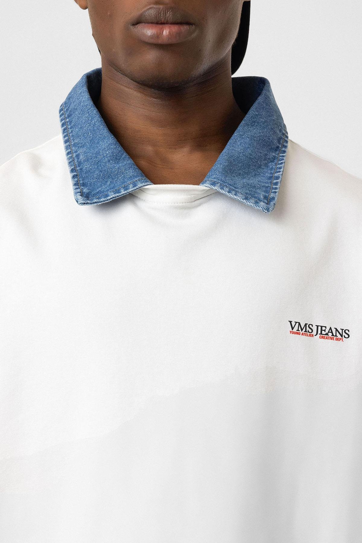 Polo Yaka Yazı Detaylı Oversize Tişört Ekru