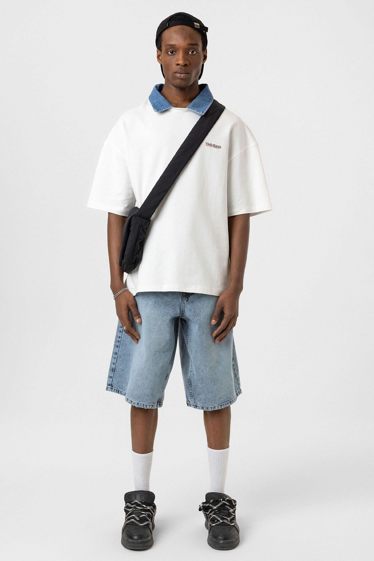 Polo Yaka Yazı Detaylı Oversize Tişört Ekru