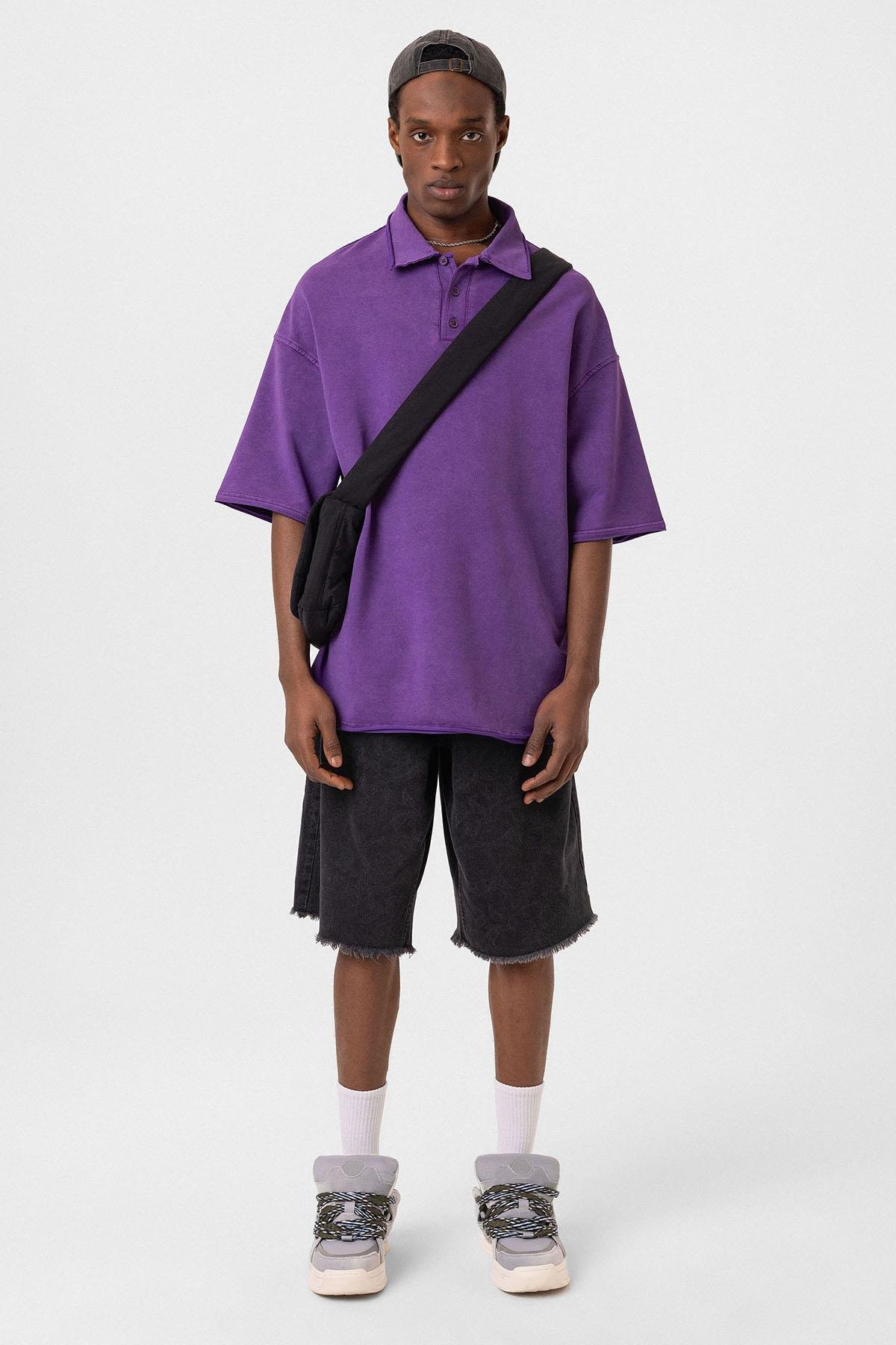 Polo Yaka Yıkamalı Oversize Tişört Mor