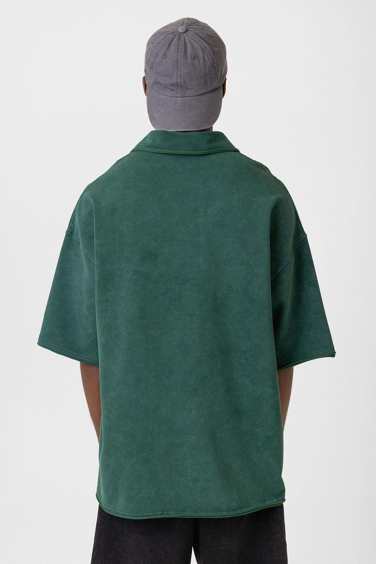 Polo Yaka Yıkamalı Oversize Tişört Nefti