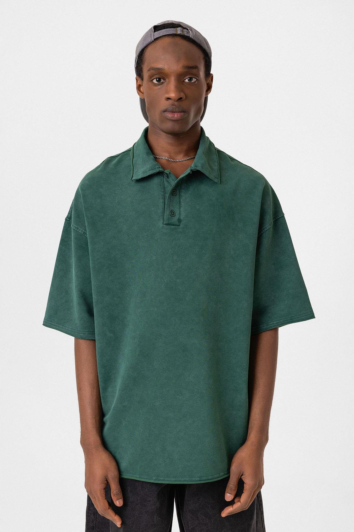 Polo Yaka Yıkamalı Oversize Tişört Nefti