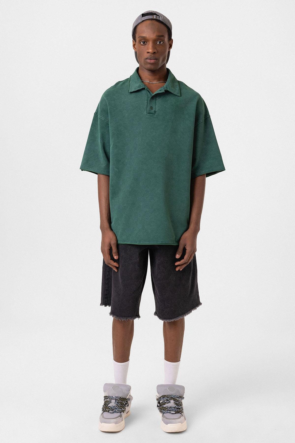 Polo Yaka Yıkamalı Oversize Tişört Nefti