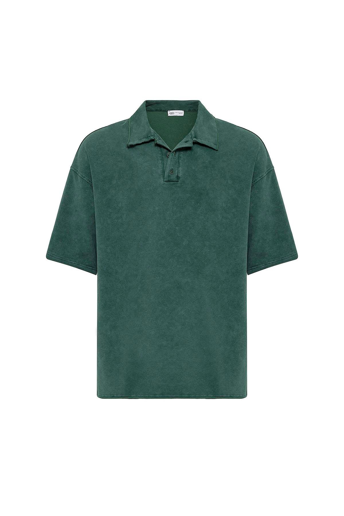 Polo Yaka Yıkamalı Oversize Tişört Nefti